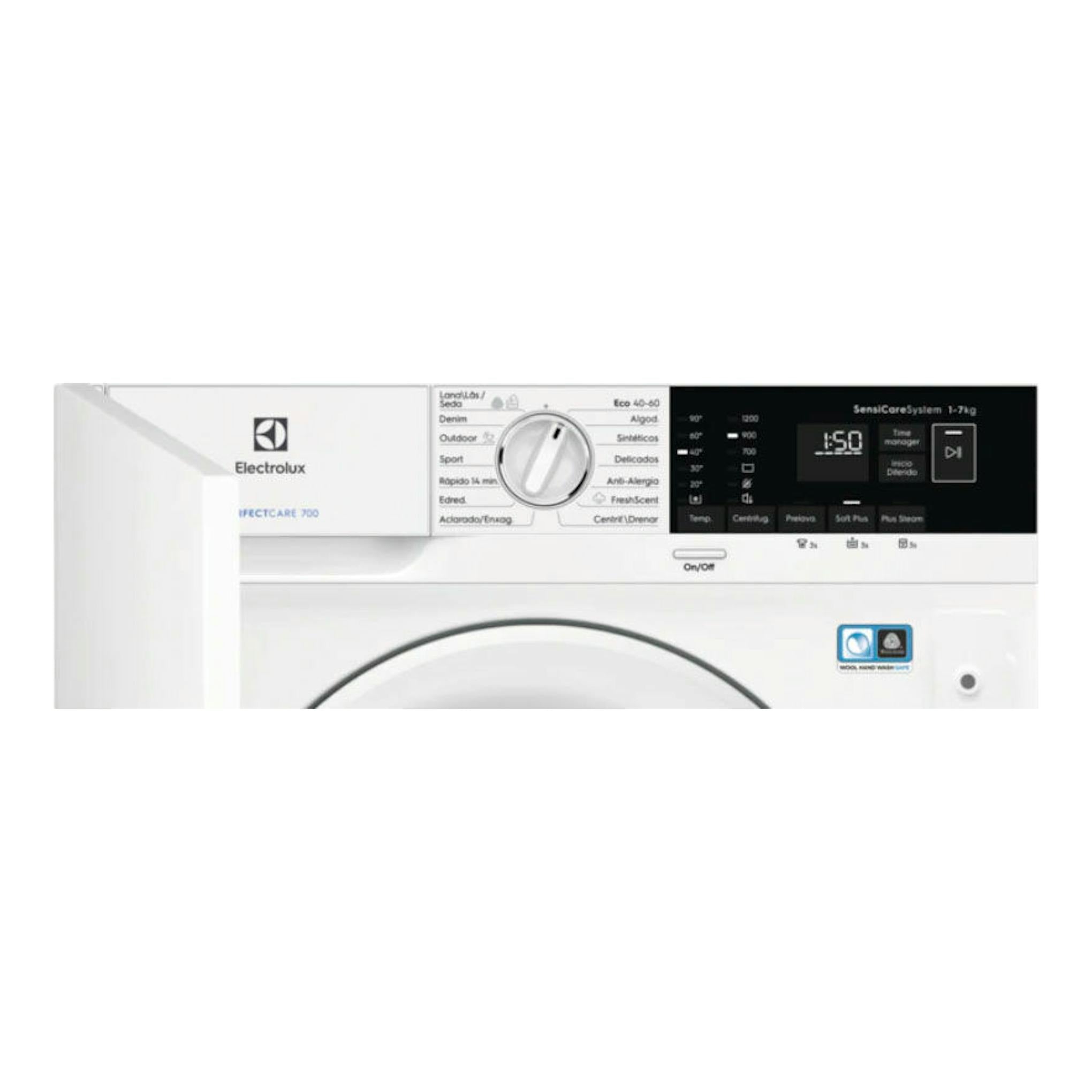 Lavadora integrable Electrolux EN7F4722AN blanca, vista frontal con panel de control y puerta.