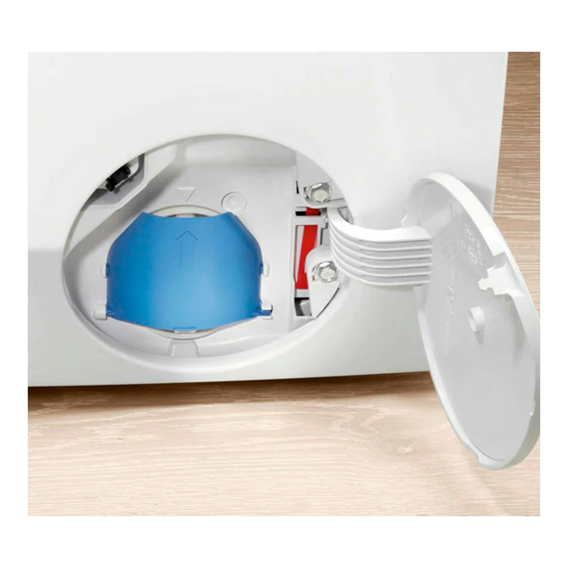 Lavadora integrable Electrolux blanca, con tapa inferior abierta y filtro azul, vista frontal.