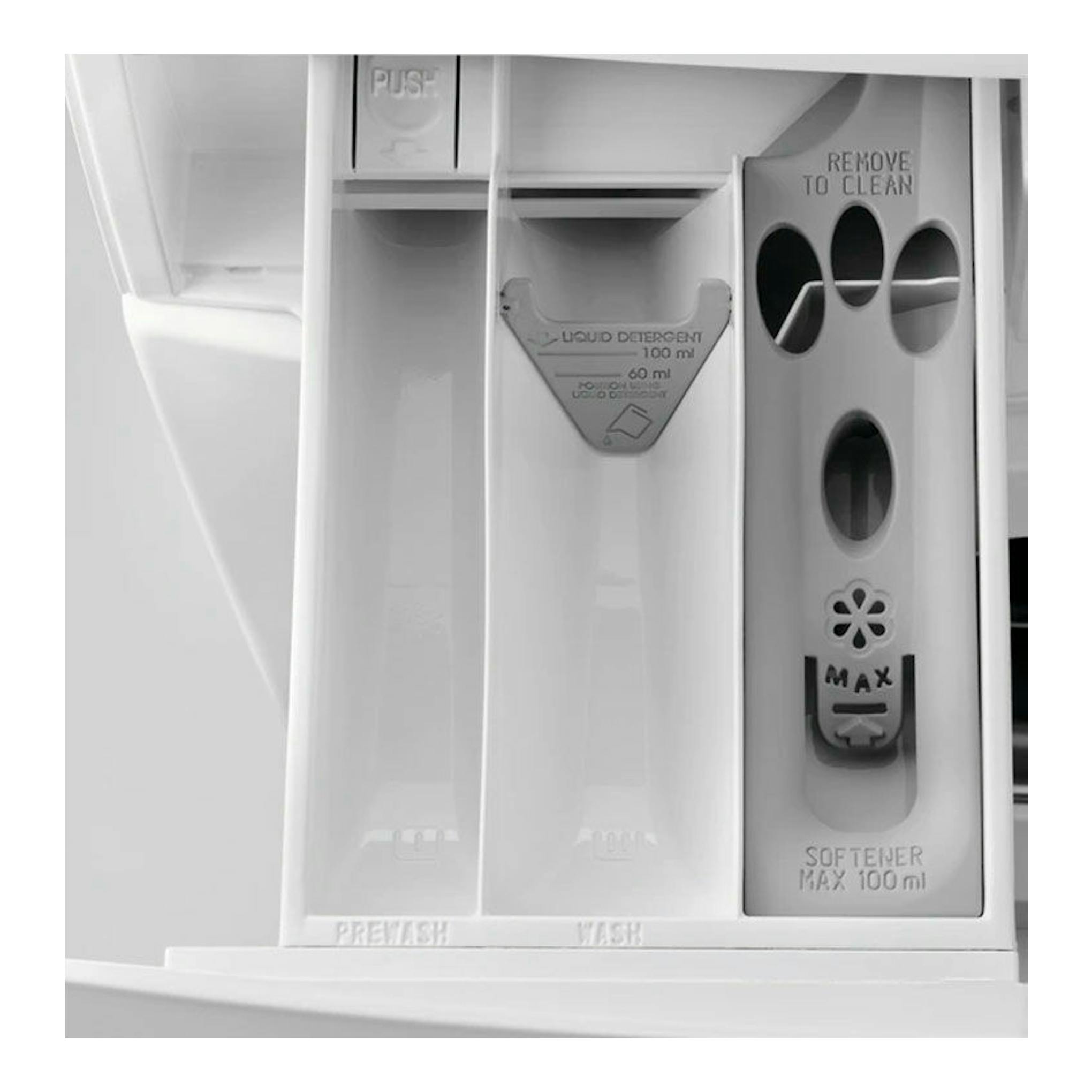 Primer plano del cajón de detergente de lavadora integrable Electrolux EN7F4722AN, en blanco.