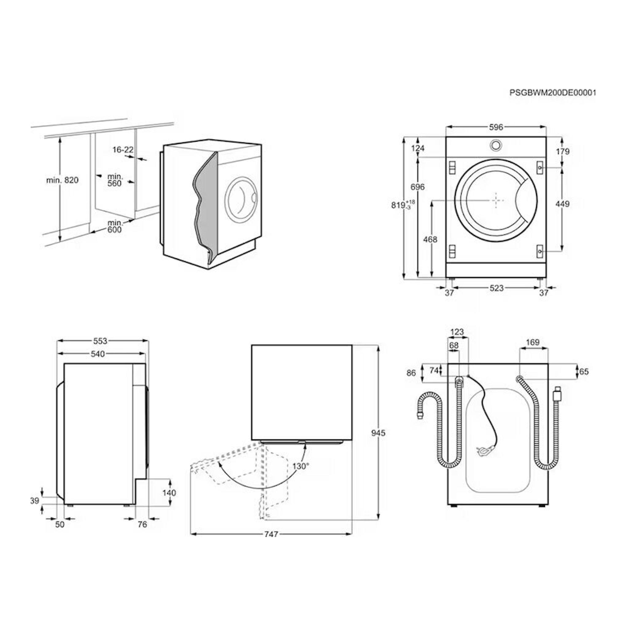 Plano técnico de lavadora integrable Electrolux EN7F4842OF, vistas frontal, lateral y superior con medidas.