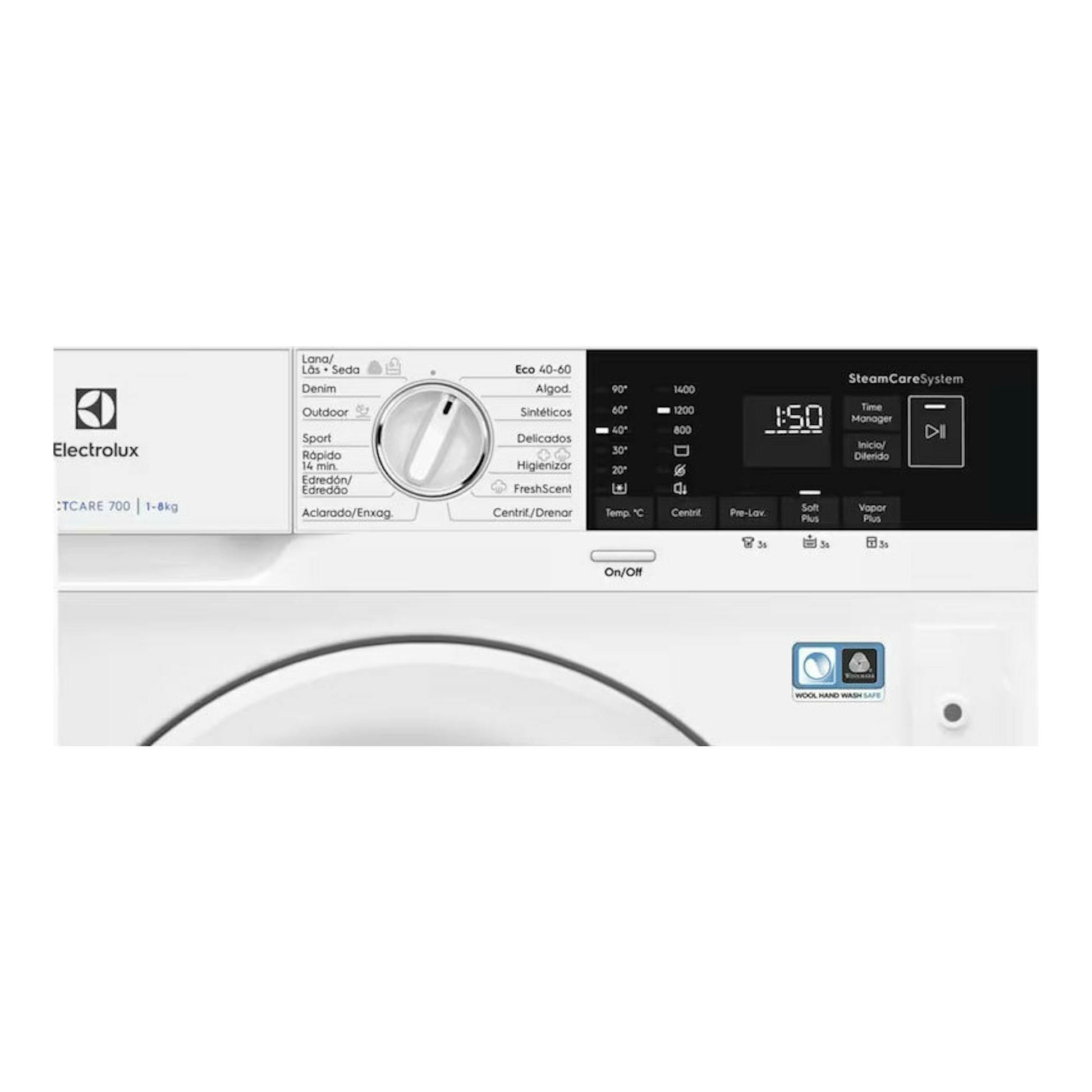 Lavadora integrable Electrolux EN7F4842OF, panel blanco y negro con selector y pantalla digital.
