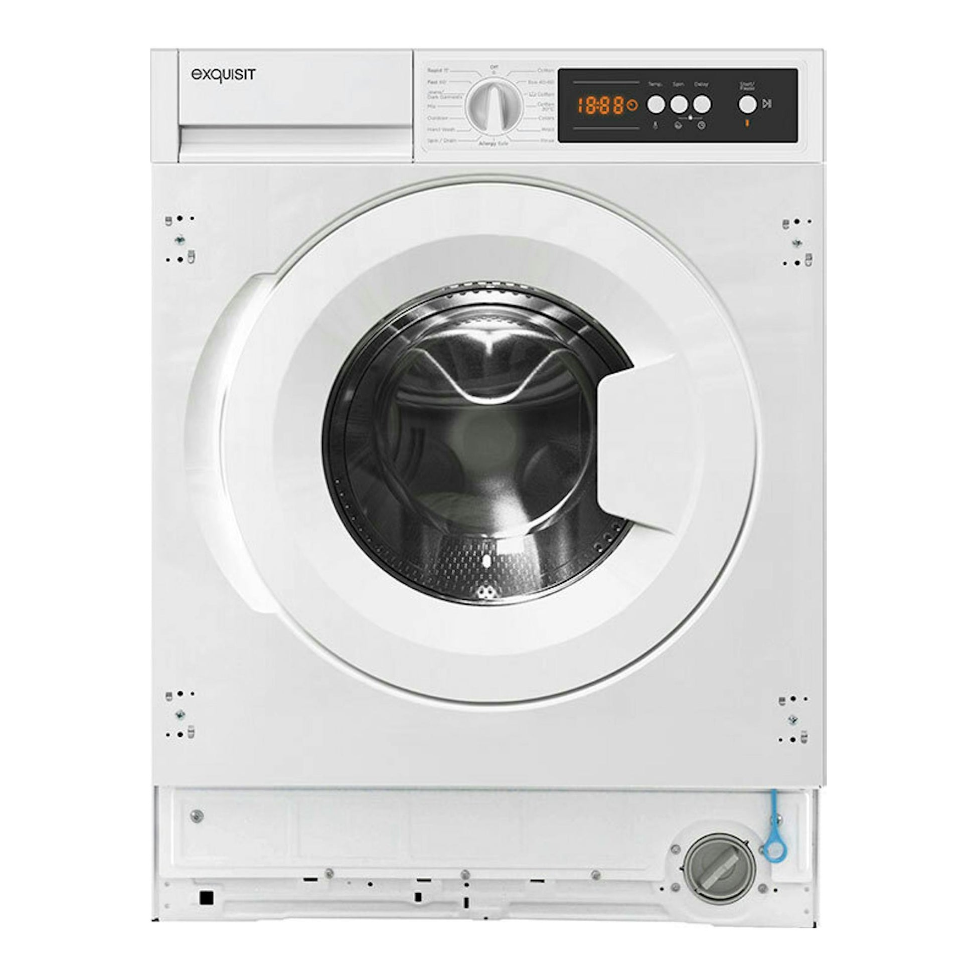 Lavadora integrable Exquisit WMI8120-E-070D blanca, vista frontal, con puerta circular y panel digital.