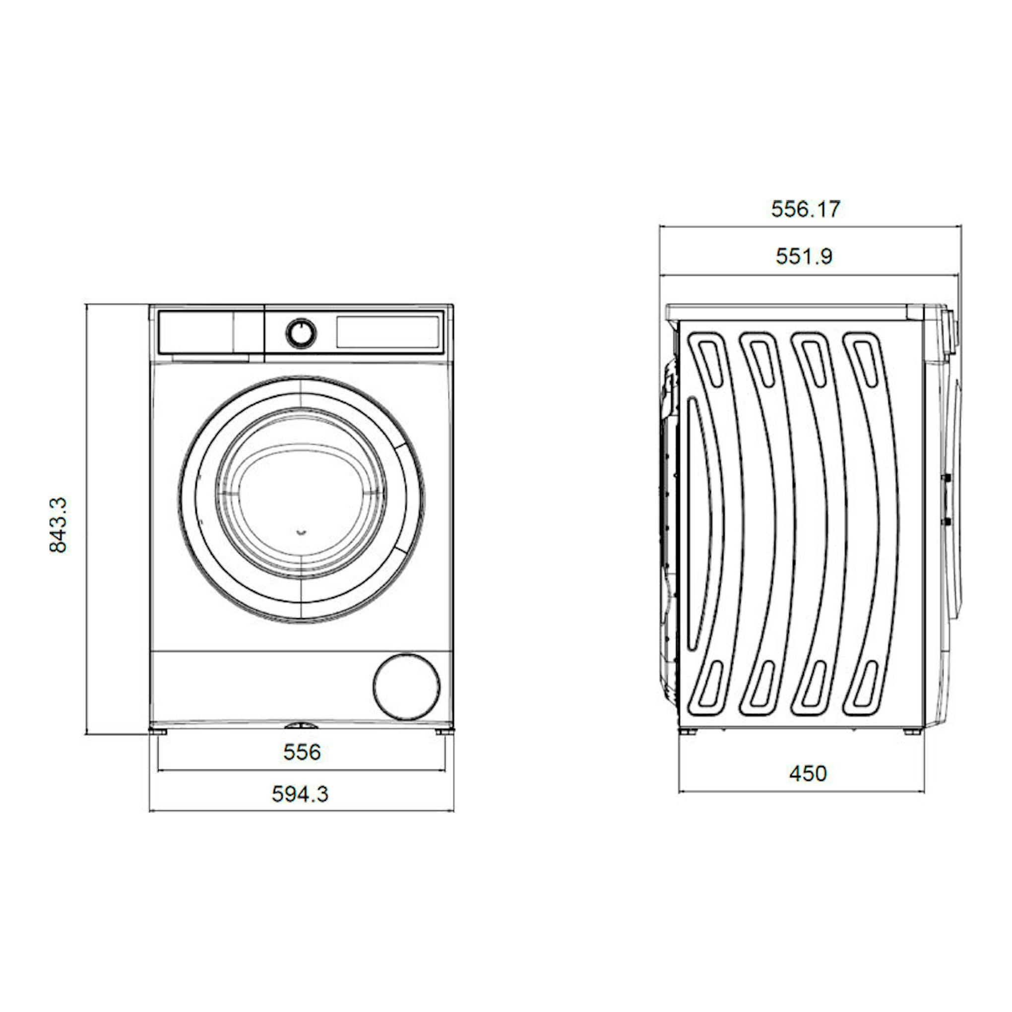 Lavadora integrable Exquisit WMI8120-E-070D, vista frontal y lateral en plano técnico con medidas.