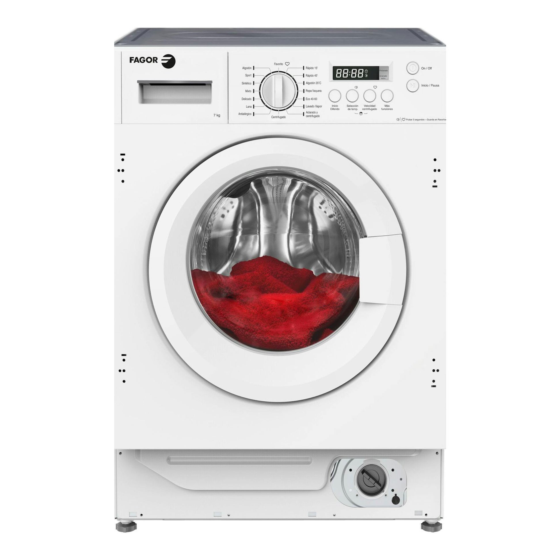 Lavadora integrable Fagor 3FE-7514IT blanca, vista frontal, con puerta circular y panel de control superior.