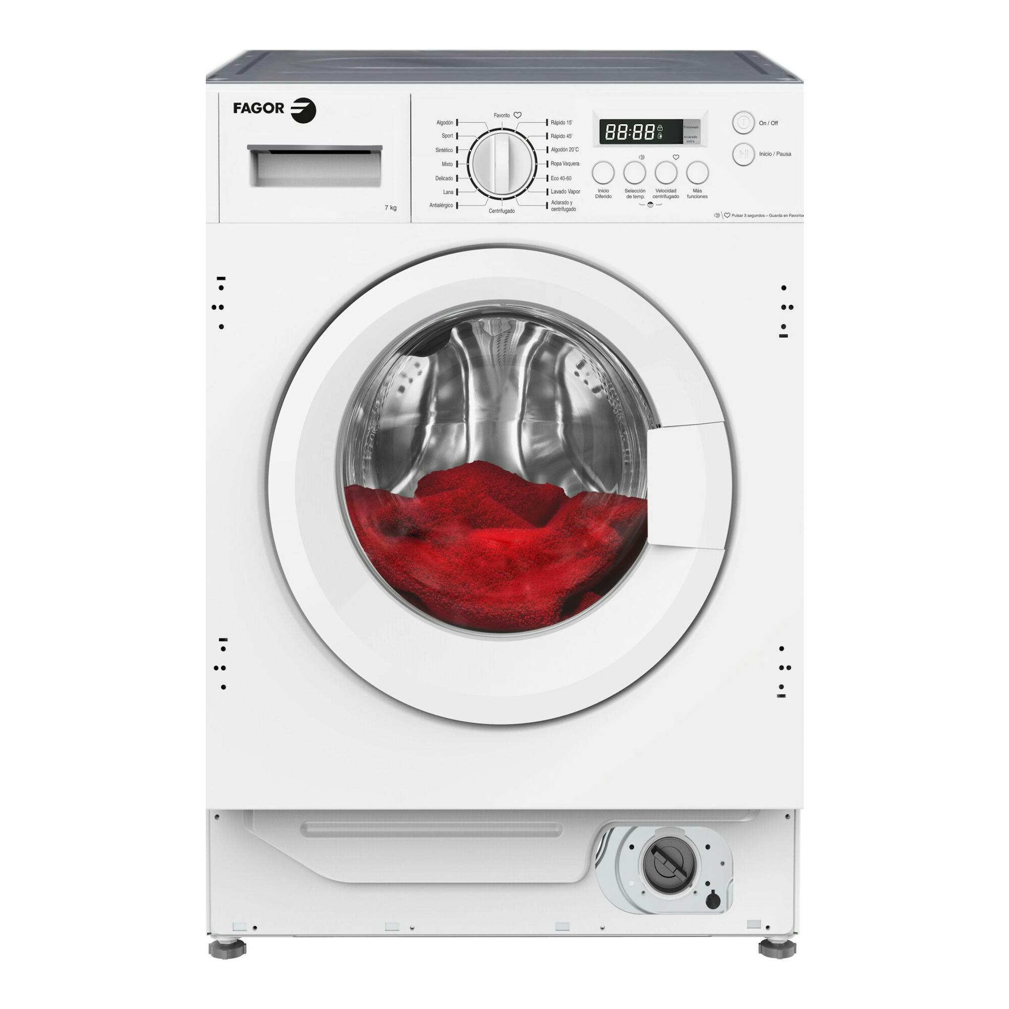 Lavadora integrable Fagor 3FE-7514IT blanca, vista frontal, con puerta circular y panel de control superior.