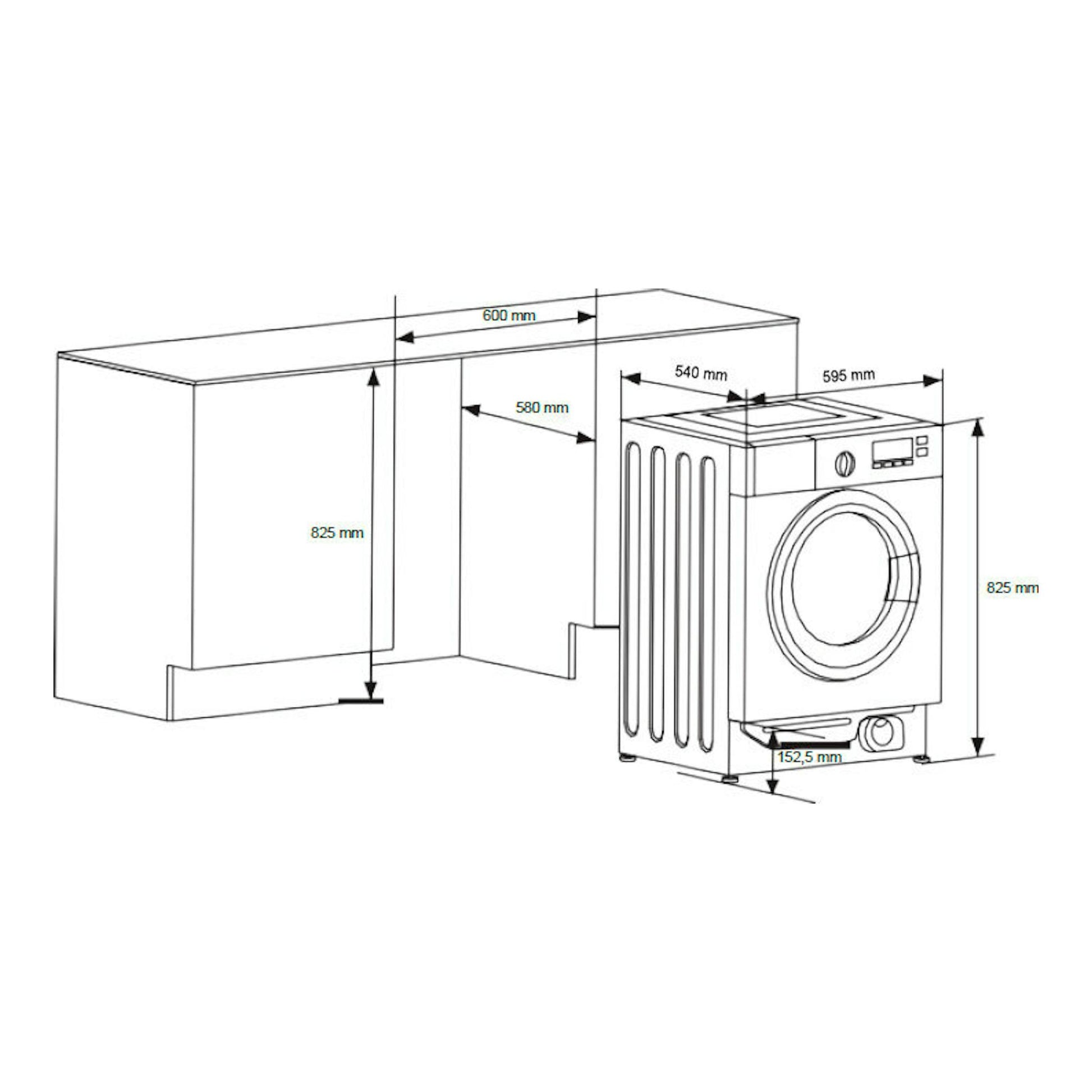 Esquema de lavadora integrable Hisense WF3M841BWIES, vista frontal, con medidas de instalación.