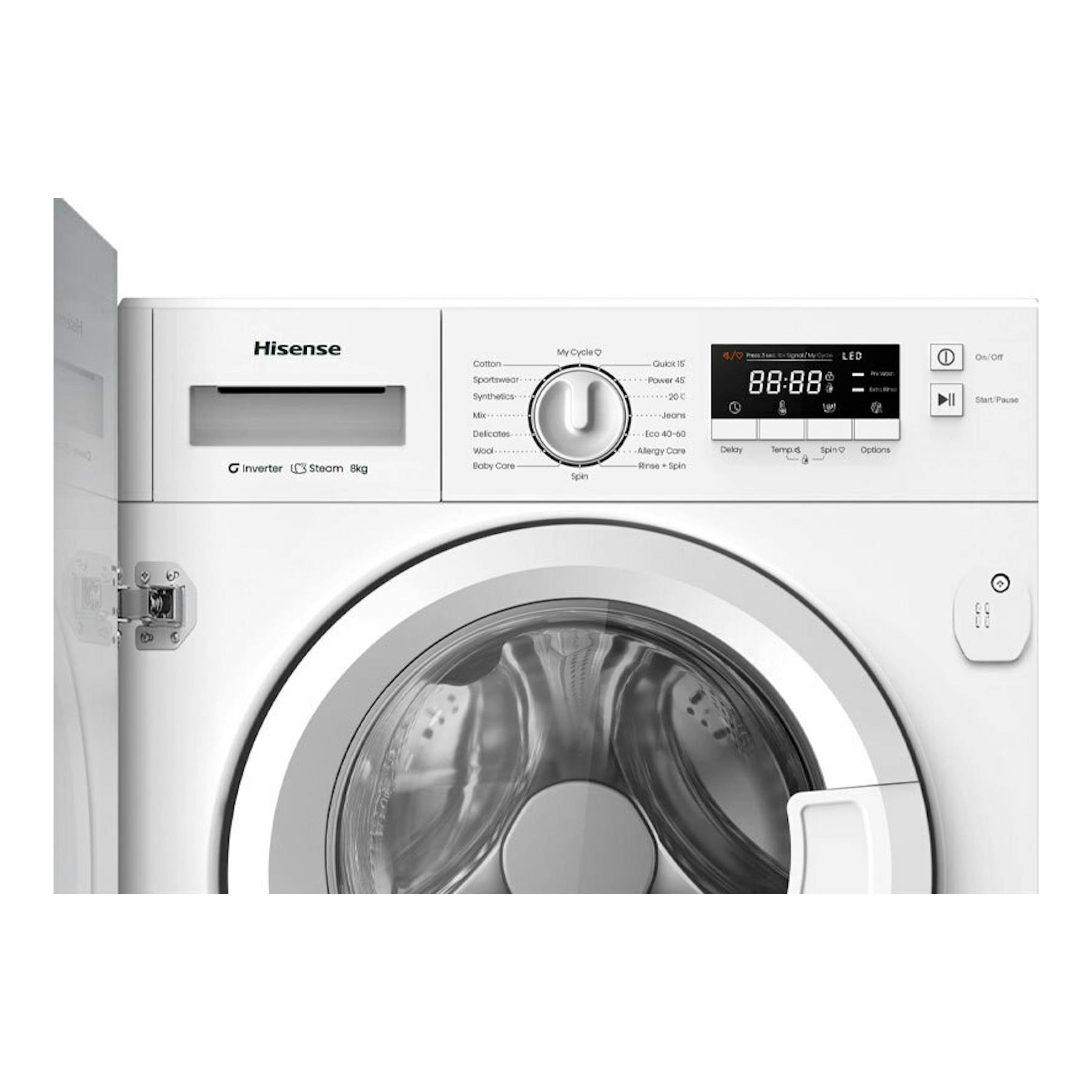 Lavadora integrable Hisense WF3M841BWIES blanca, vista frontal, con panel digital y puerta abatible abierta.