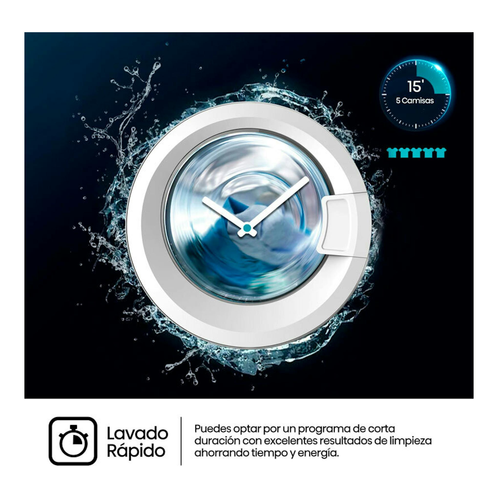 Ilustración frontal de lavadora integrable Hisense WF3M841BWIES blanca, con tambor y agua, y texto de lavado rápido.