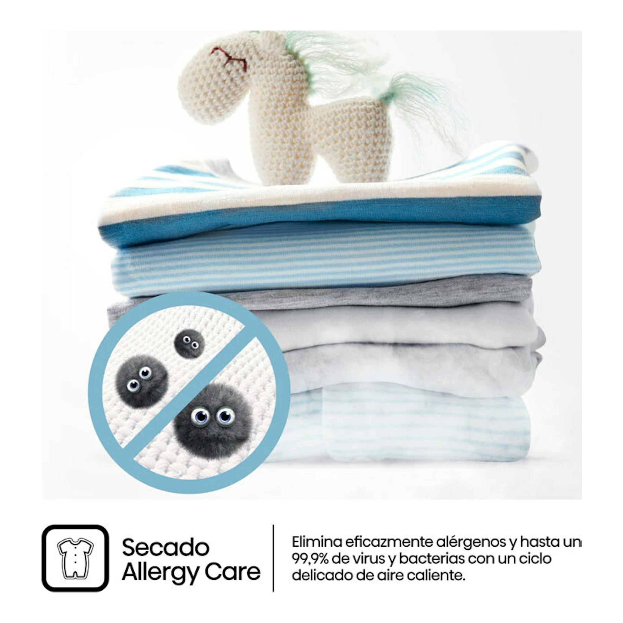 Gráfico de ropa doblada con muñeco de lana y símbolo antialérgenos; texto “Secado Allergy Care”.