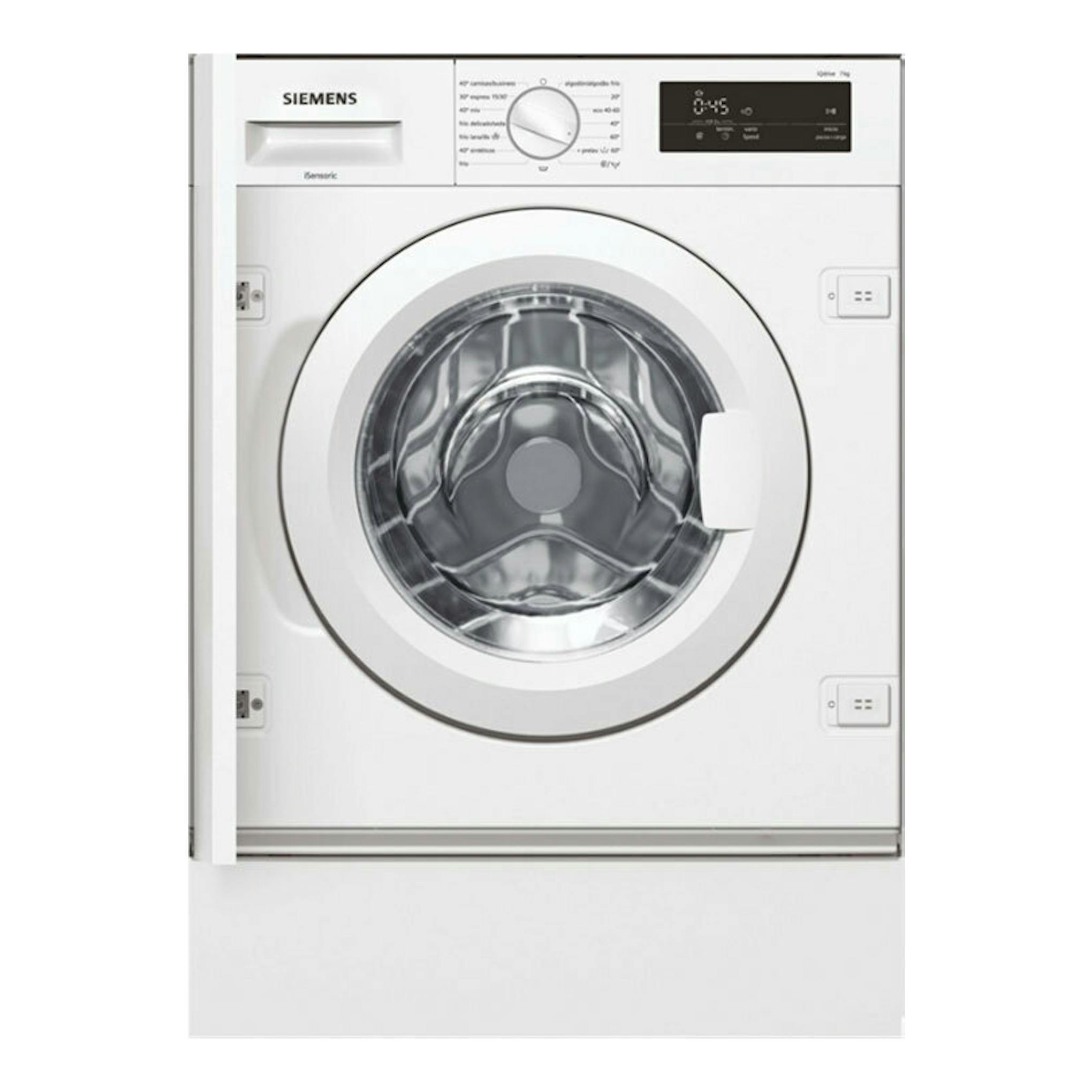 Lavadora integrable Siemens WI12W326ES blanca, vista frontal, con puerta circular y panel digital.