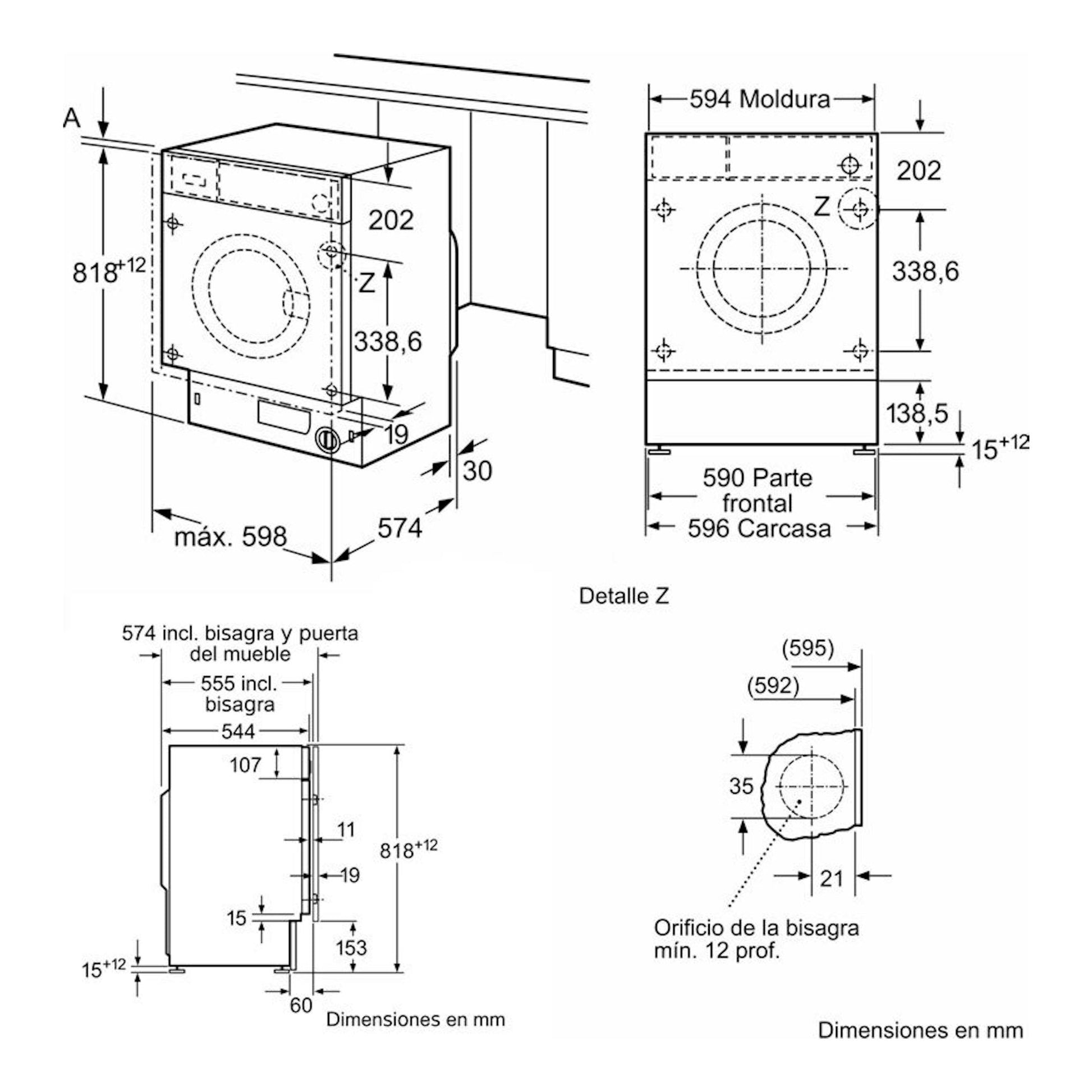 Dibujo técnico de lavadora integrable Siemens WI12W326ES, con vistas frontal, lateral y medidas en mm.