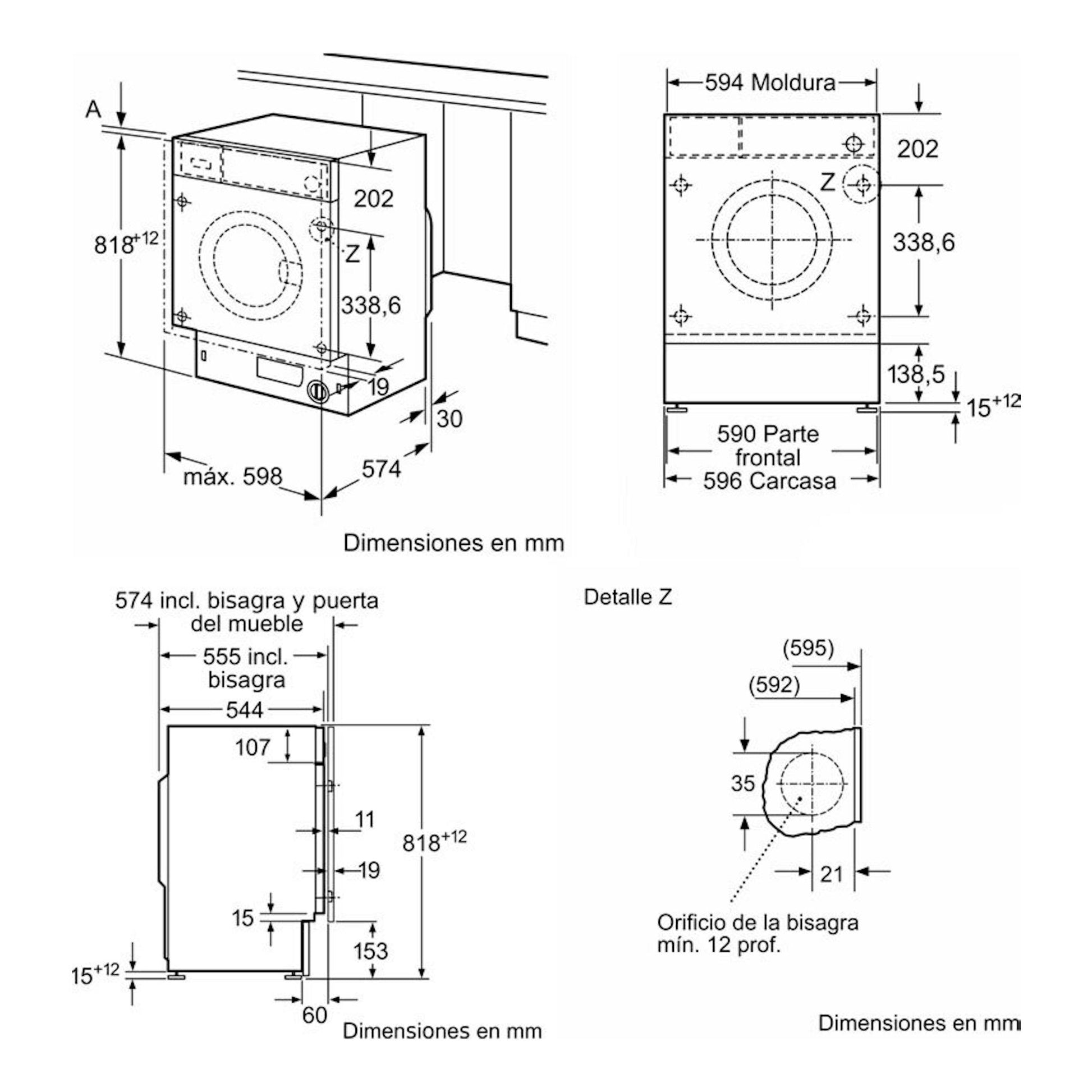 Dibujo técnico en blanco y negro de lavadora integrable Siemens WI12W327ES, vistas frontal y lateral con medidas.