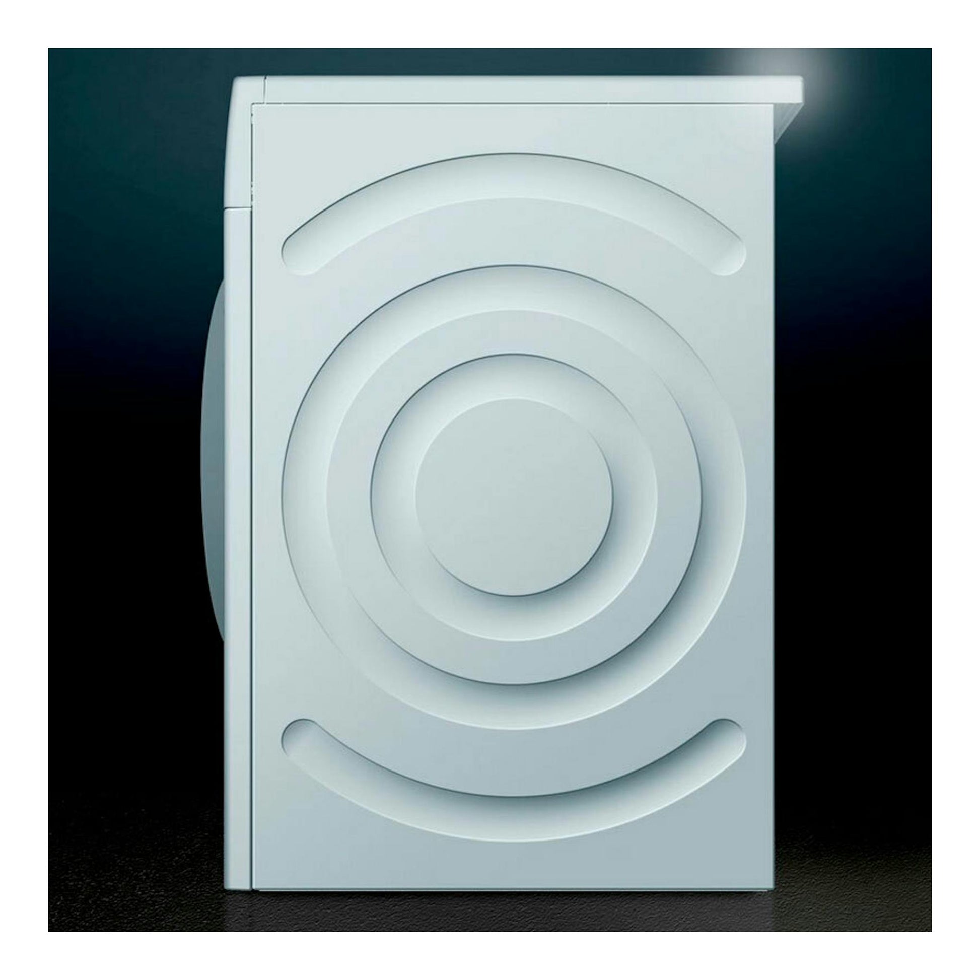 Lavadora integrable Siemens WI12W327ES blanca, vista frontal, con puerta circular oculta.