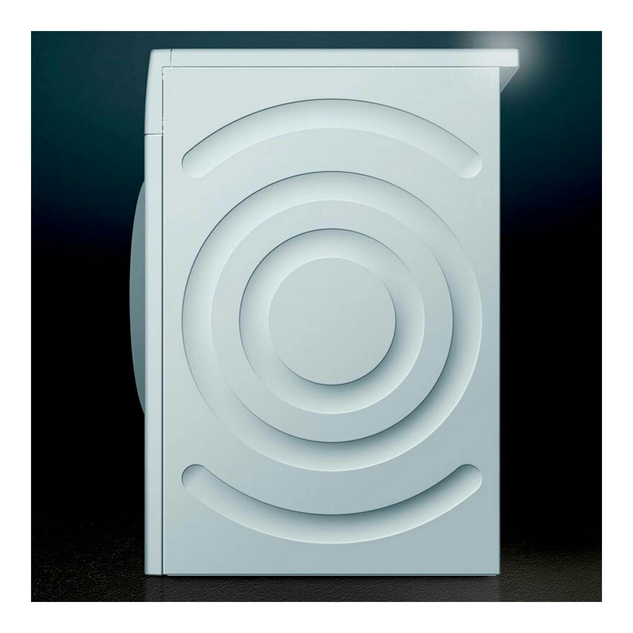 Lavadora integrable Siemens WI12W327ES blanca, vista frontal, con puerta circular oculta.