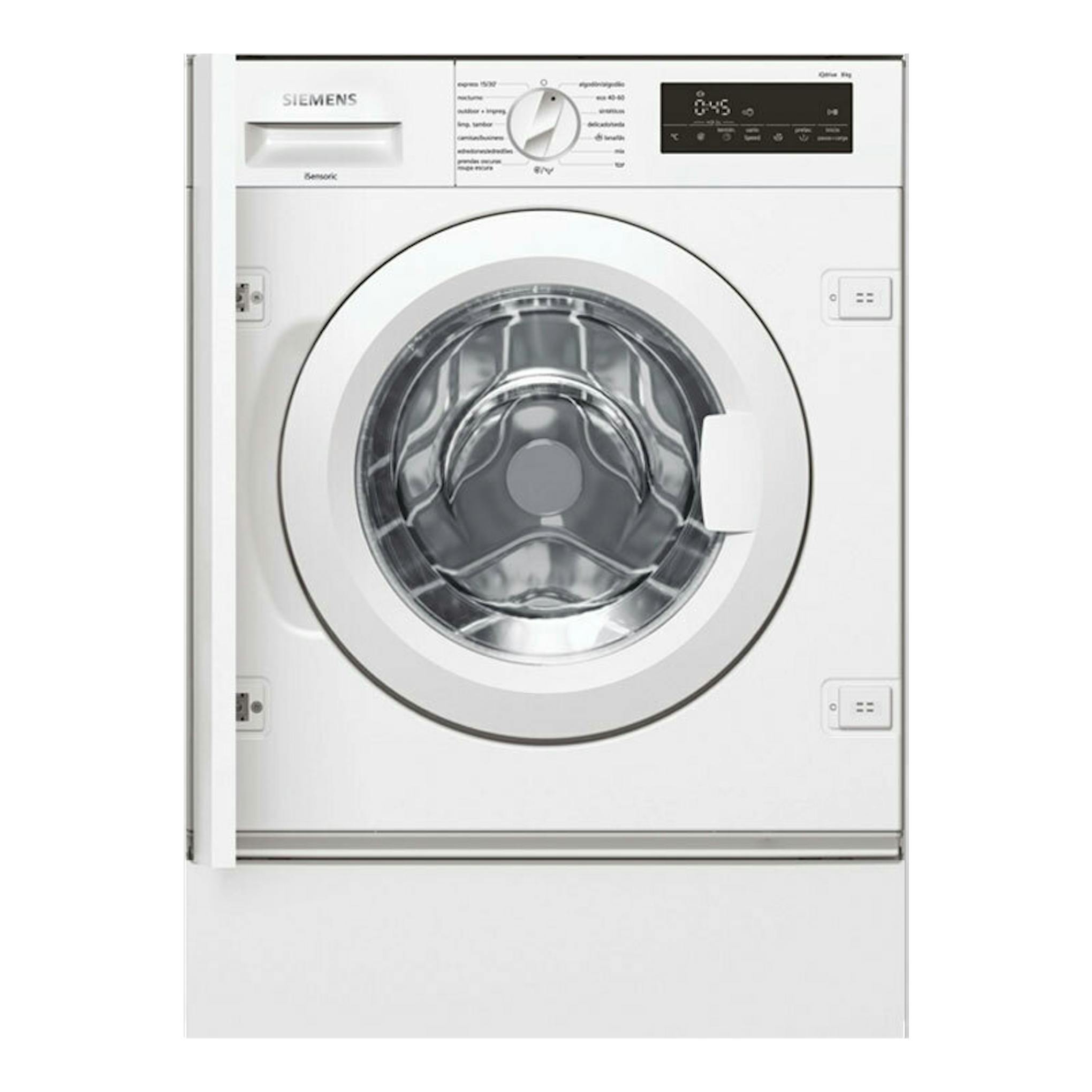 Lavadora integrable Siemens WI14W542ES blanca, vista frontal, con puerta circular y panel digital superior.
