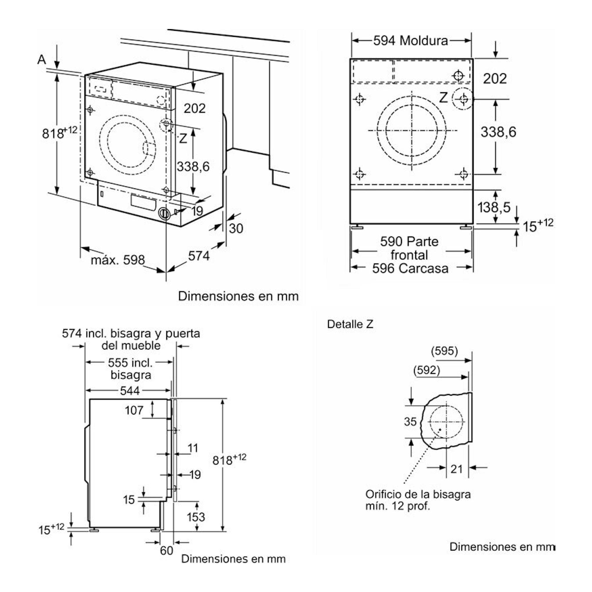 Plano técnico de lavadora integrable Siemens WI14W542ES con vistas frontal, lateral y superior y cotas en mm.