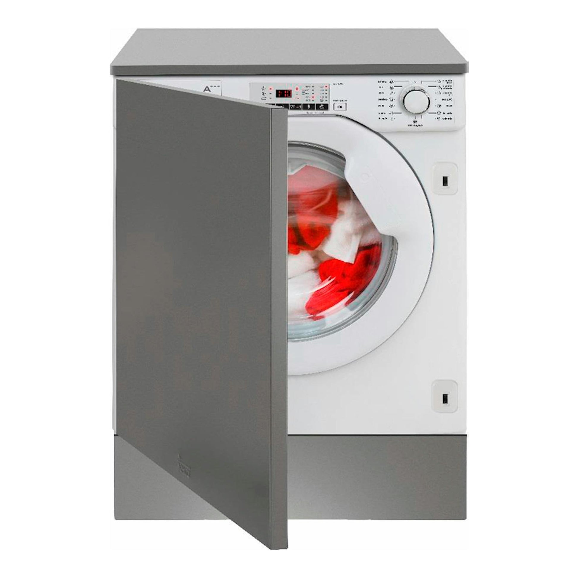 Lavadora integrable Teka LI51080EUI blanca y gris, vista frontal con puerta abierta.