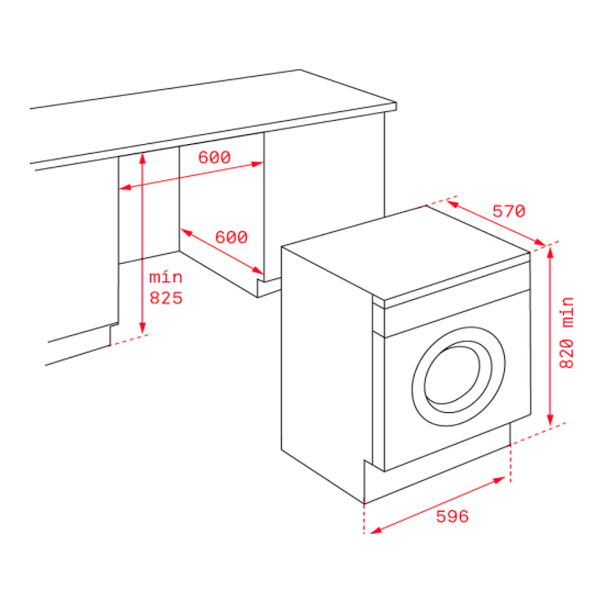 Esquema en perspectiva de lavadora integrable Teka LI51080EUI bajo encimera, con medidas en rojo.
