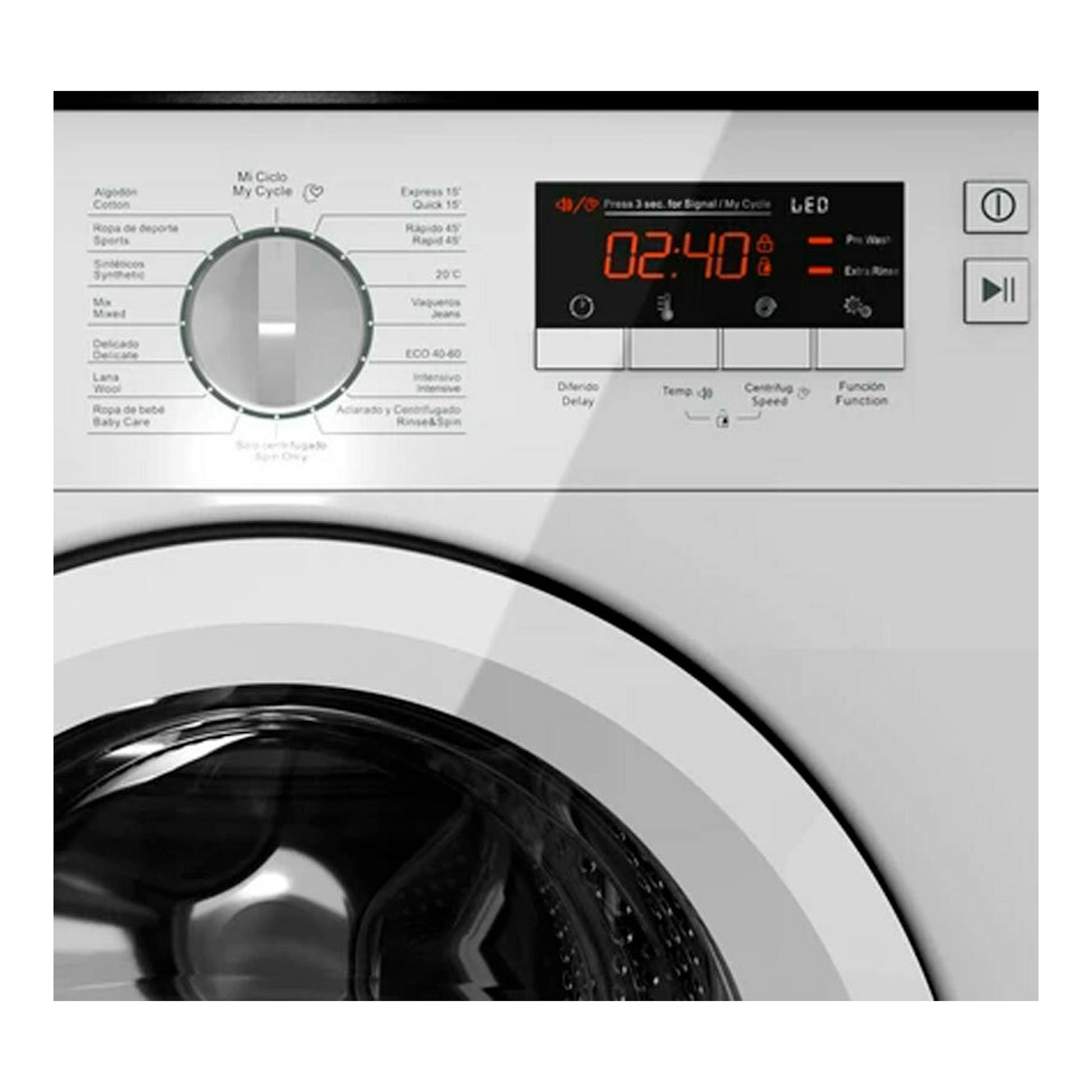 Vista frontal parcial de lavadora integrable Teka LI61471 blanca, con panel digital y selector circular.