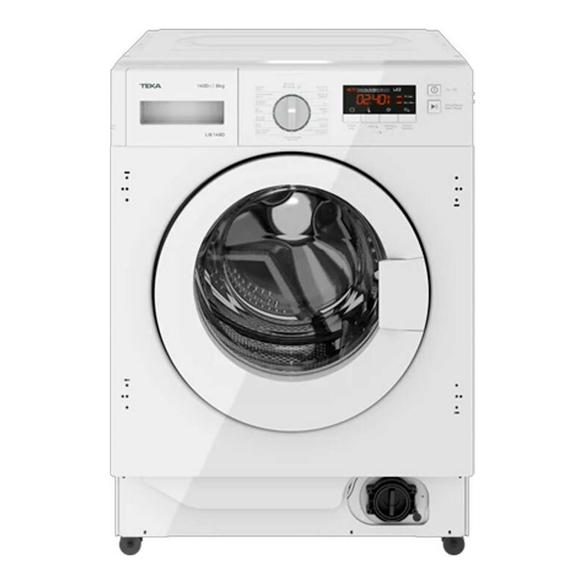 Lavadora integrable Teka LI61481 blanca, vista frontal, con puerta circular y panel digital.