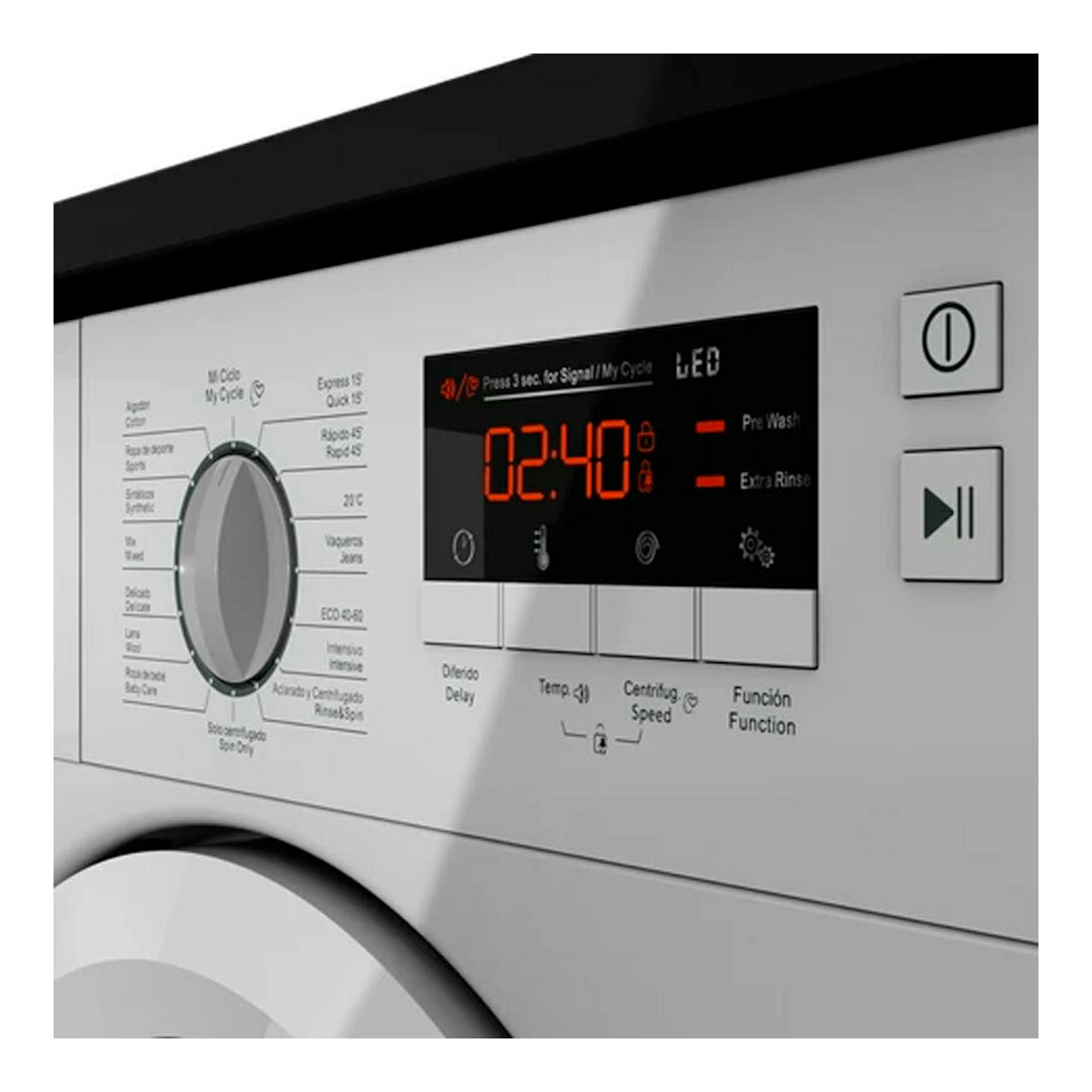 Lavadora integrable Teka LI61481, vista frontal en blanco, con panel digital y selector giratorio.