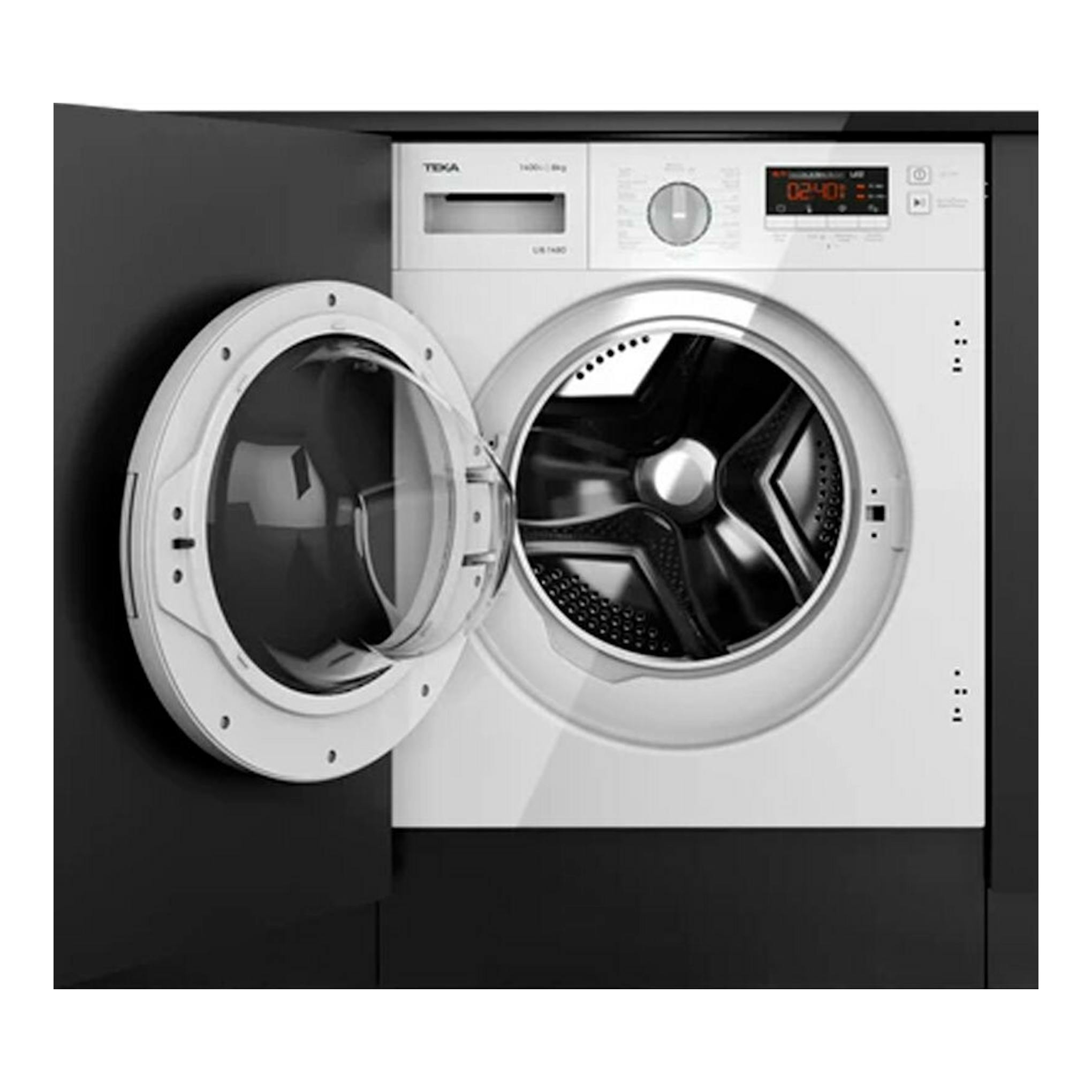 Lavadora integrable Teka LI61481 blanca, vista frontal con puerta abierta y panel digital.