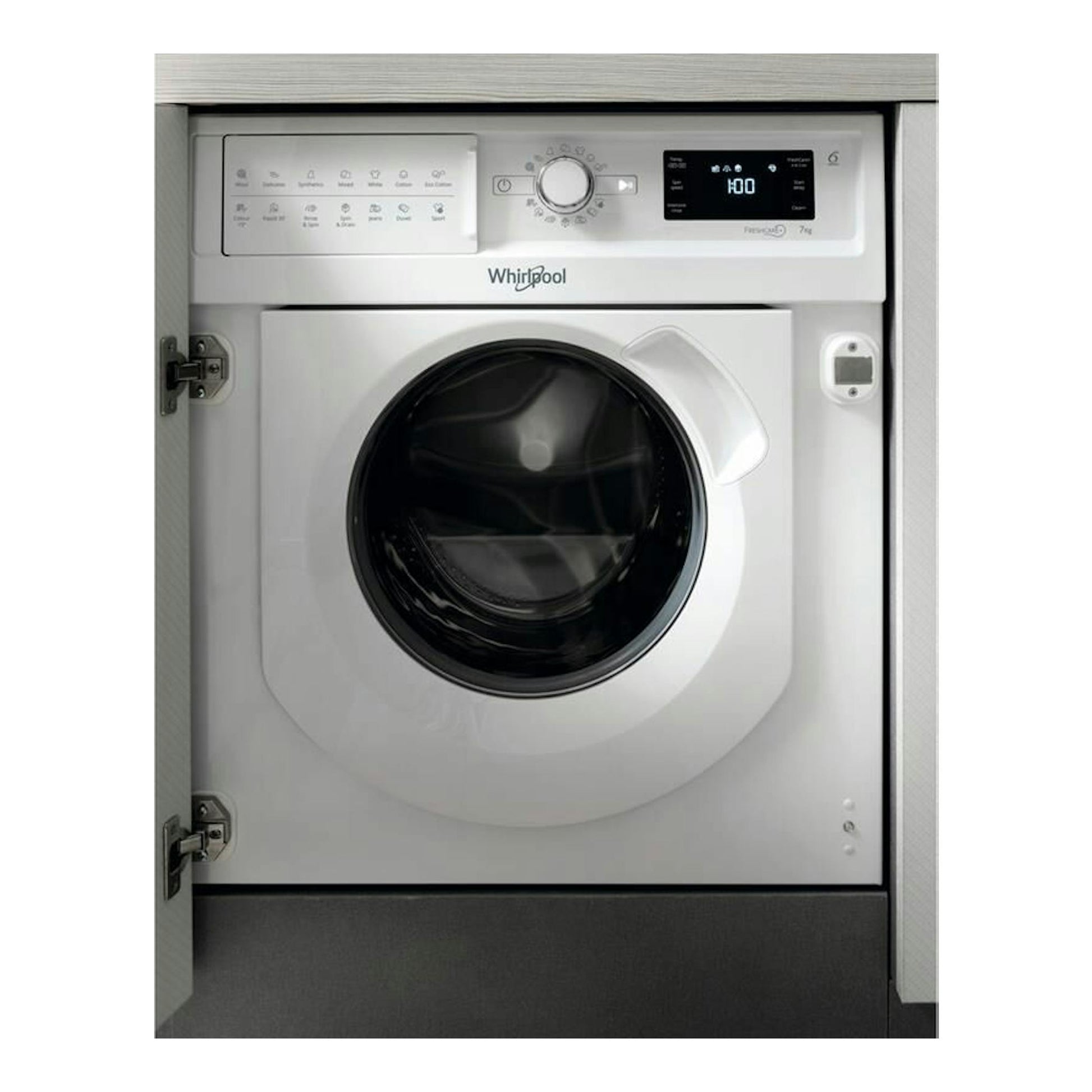 Lavadora integrable Whirlpool blanca de 7 kg, vista frontal, con puerta negra circular y panel superior.