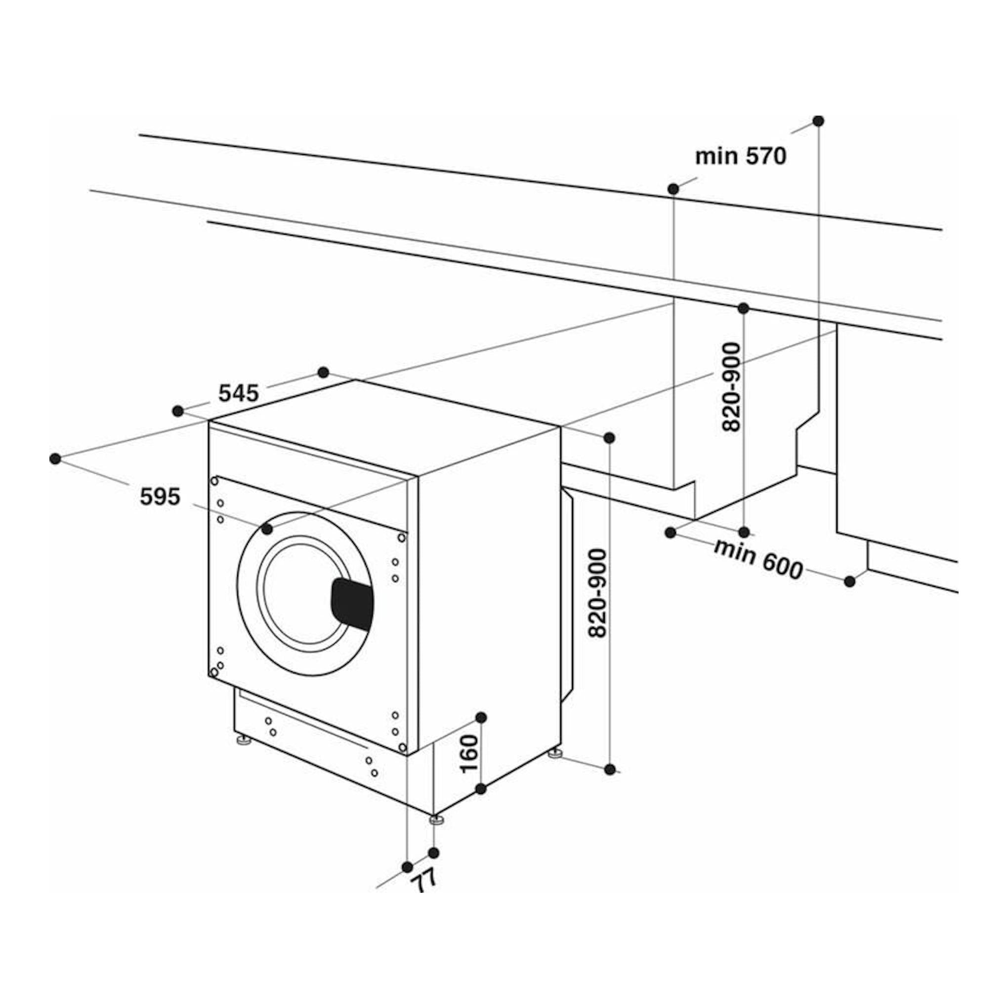 Esquema técnico en blanco de lavadora integrable Whirlpool BIWMWG71483EEUN, vista isométrica con medidas.