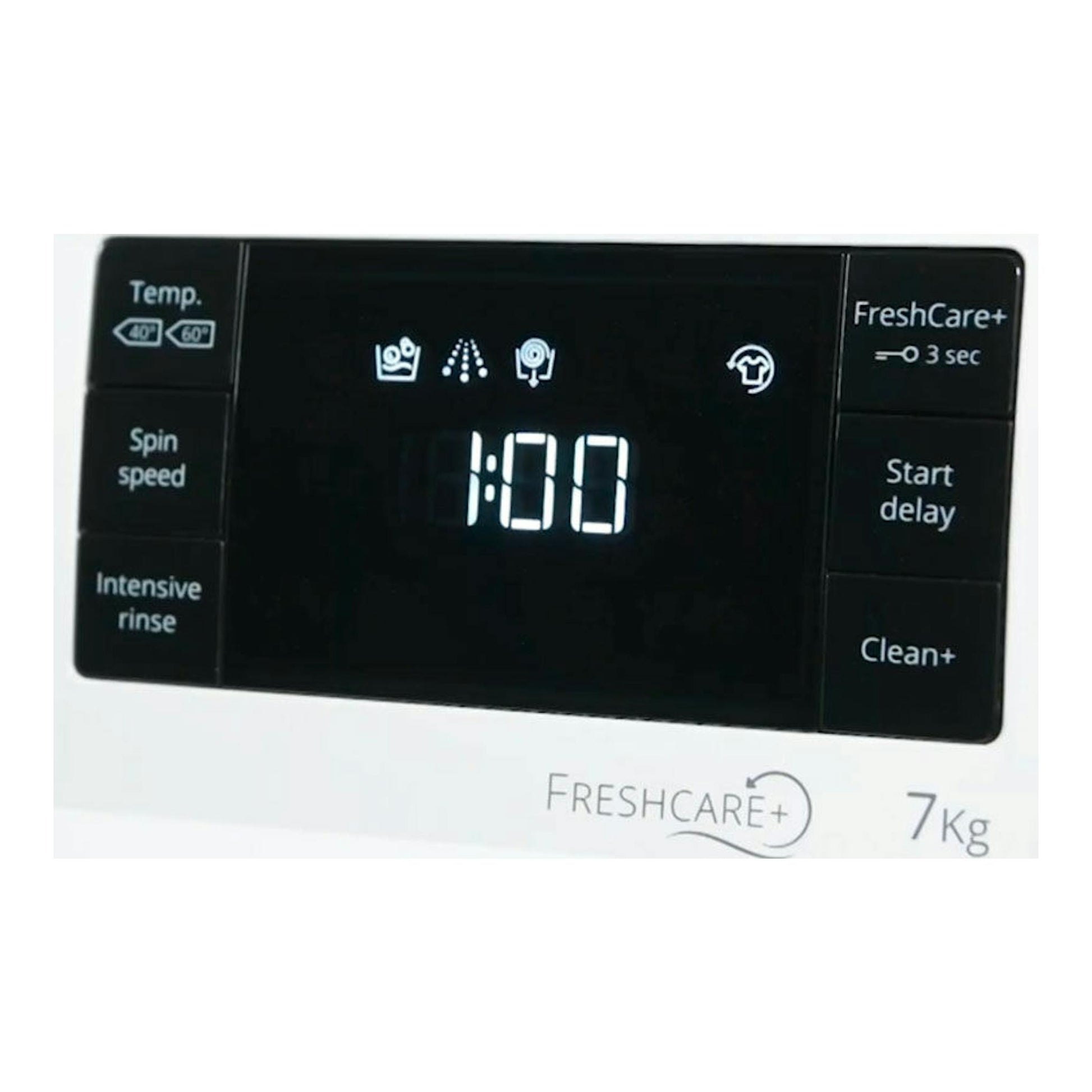 Whirlpool BIWMWG71483EEUN, panel frontal negro de lavadora integrable blanca con pantalla 1:00 y botones.