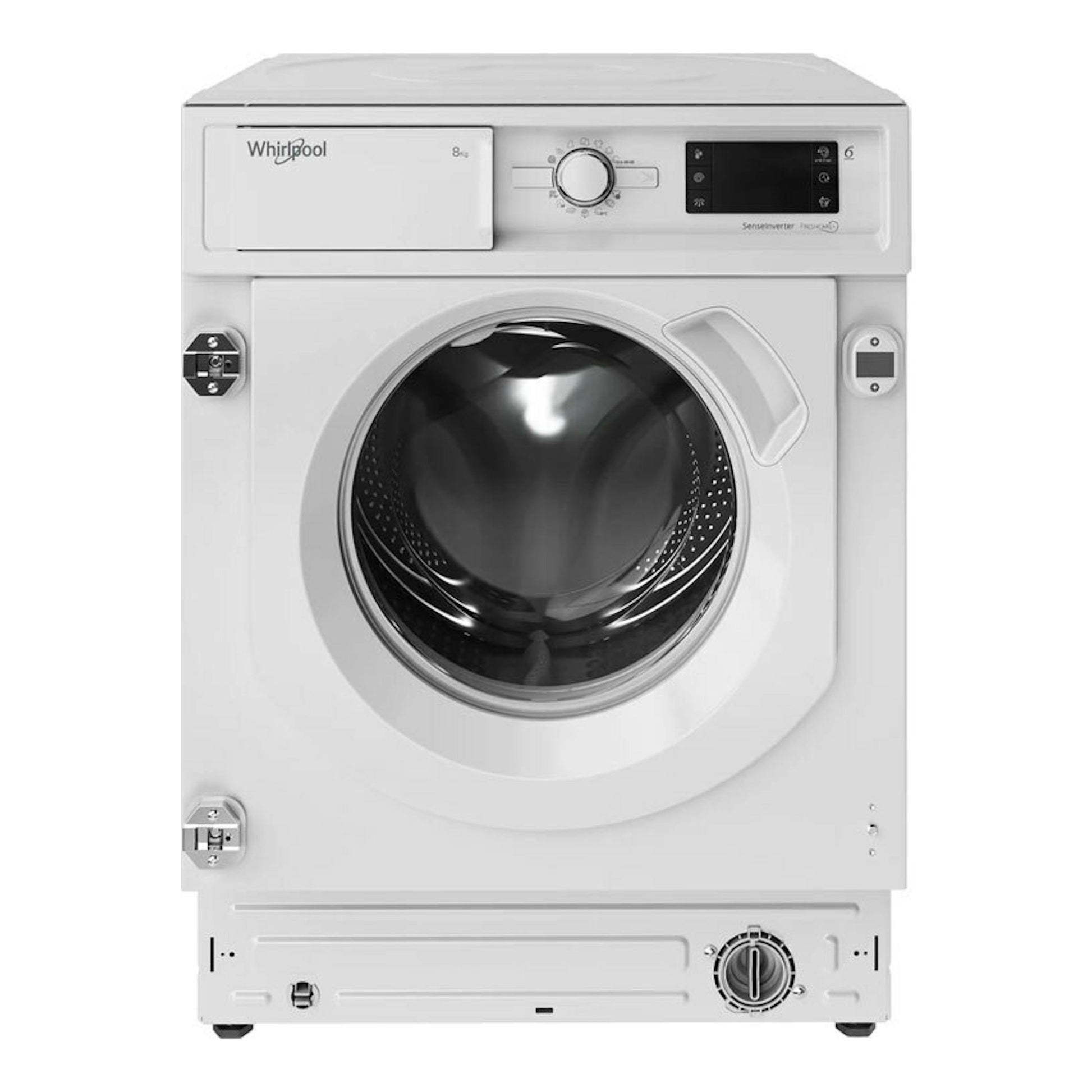 Lavadora integrable Whirlpool BIWMWG81485EEU blanca, vista frontal con puerta circular y panel superior.