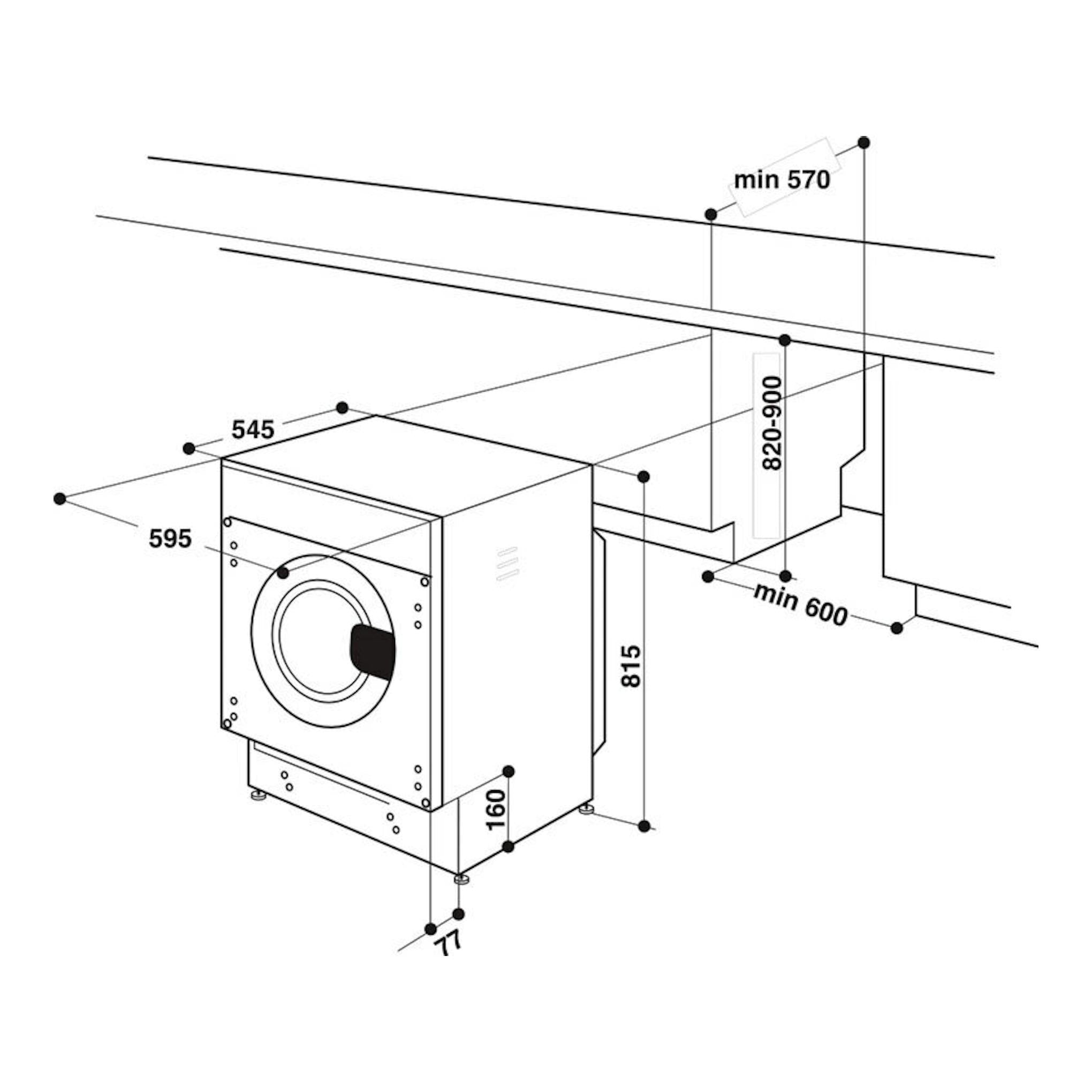 Esquema de lavadora integrable Whirlpool BIWMWG81485EEU, vista frontal y lateral, con medidas y hueco de instalación.