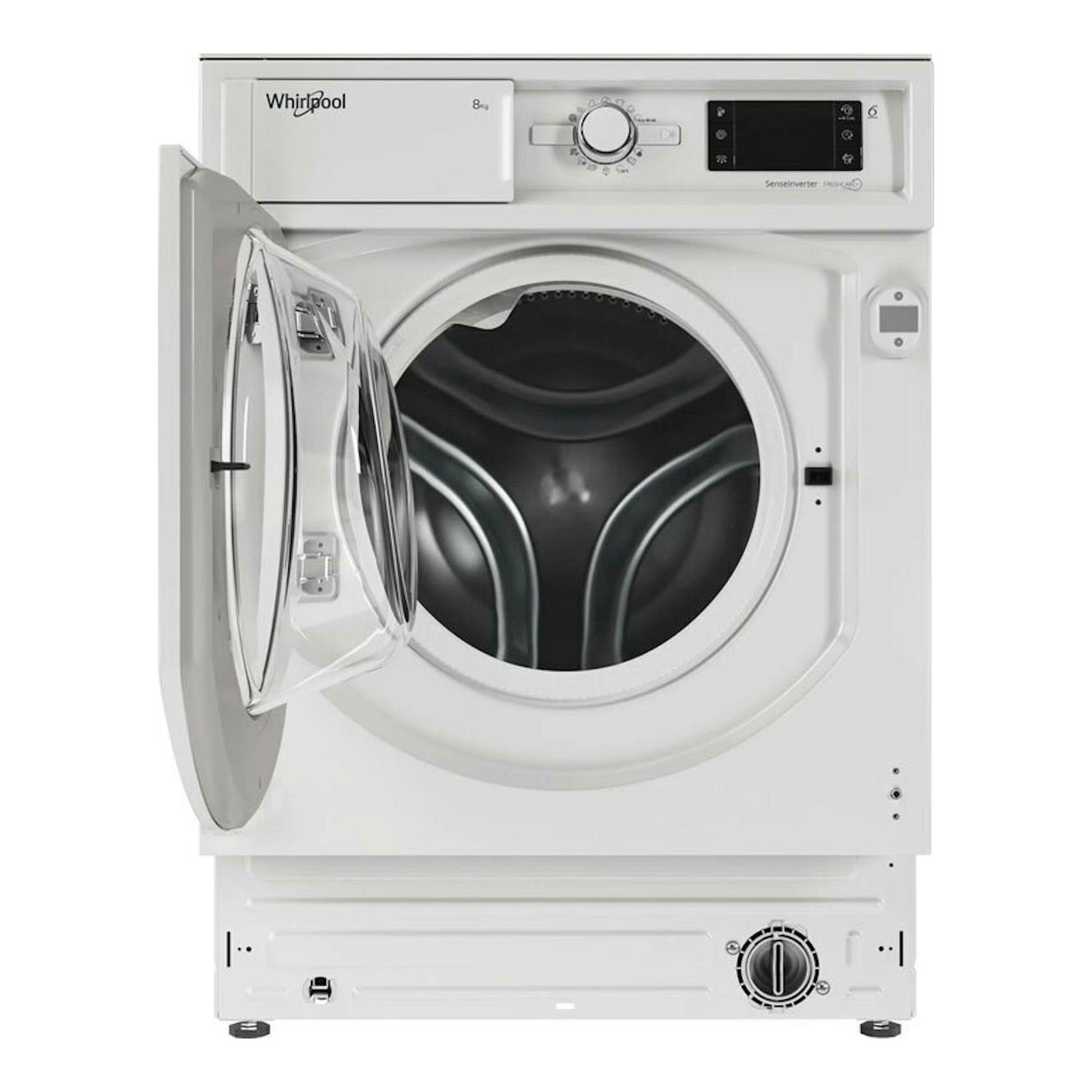Lavadora integrable Whirlpool BIWMWG81485EEU blanca, vista frontal, con puerta abierta y tambor visible.