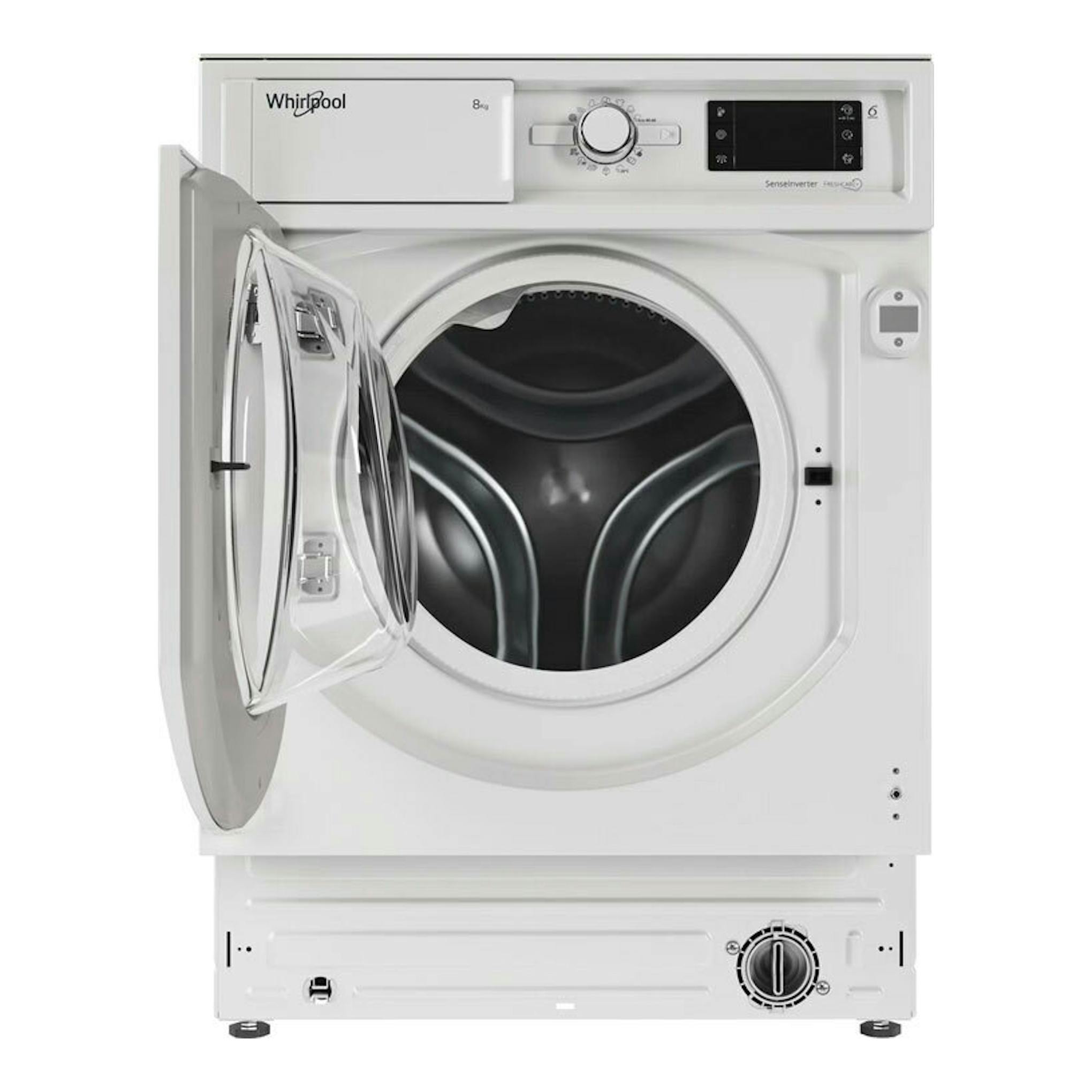 Lavadora integrable Whirlpool BIWMWG81485EEU blanca, vista frontal, con puerta abierta y tambor visible.