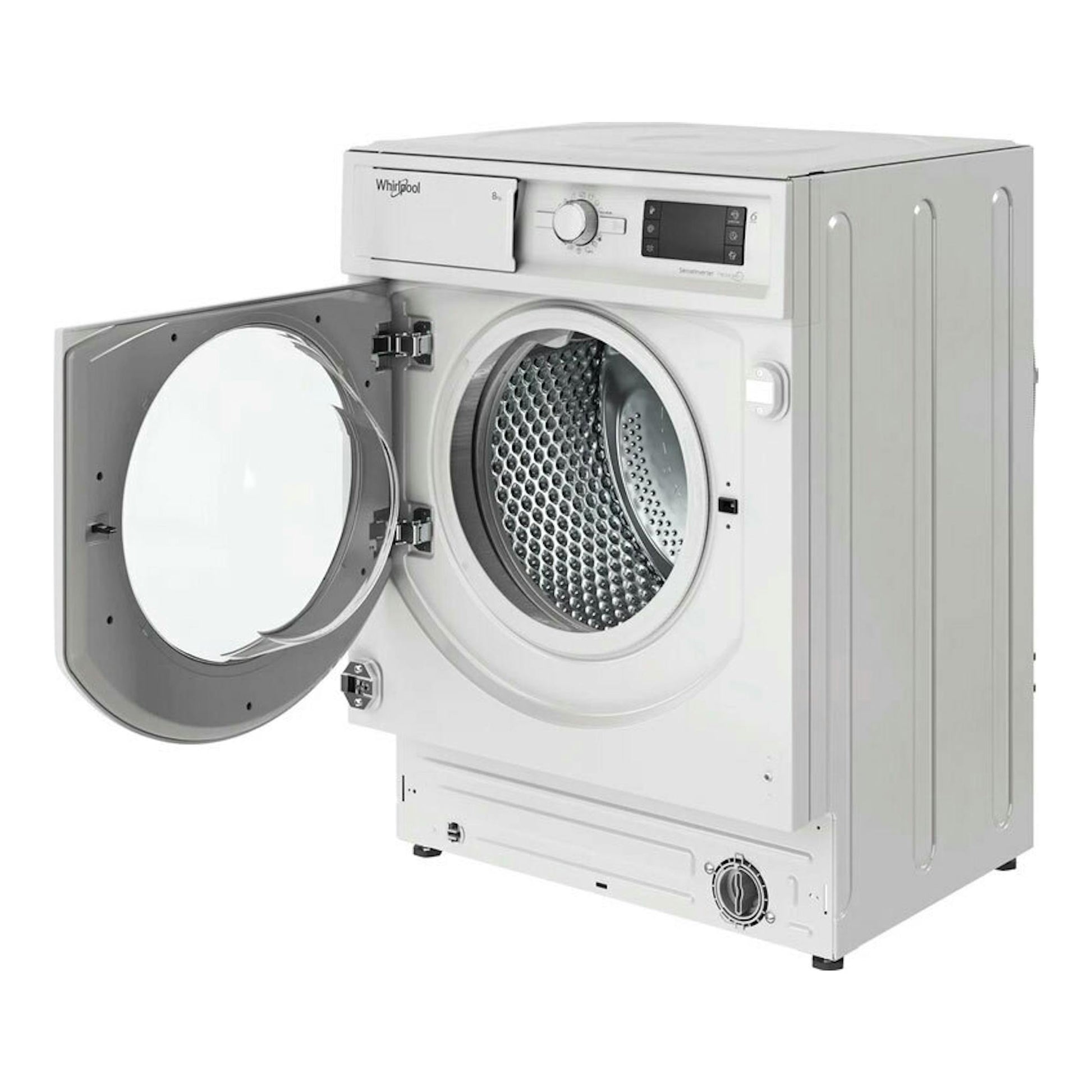 Lavadora integrable Whirlpool BIWMWG81485EEU blanca, vista frontal con puerta abierta.