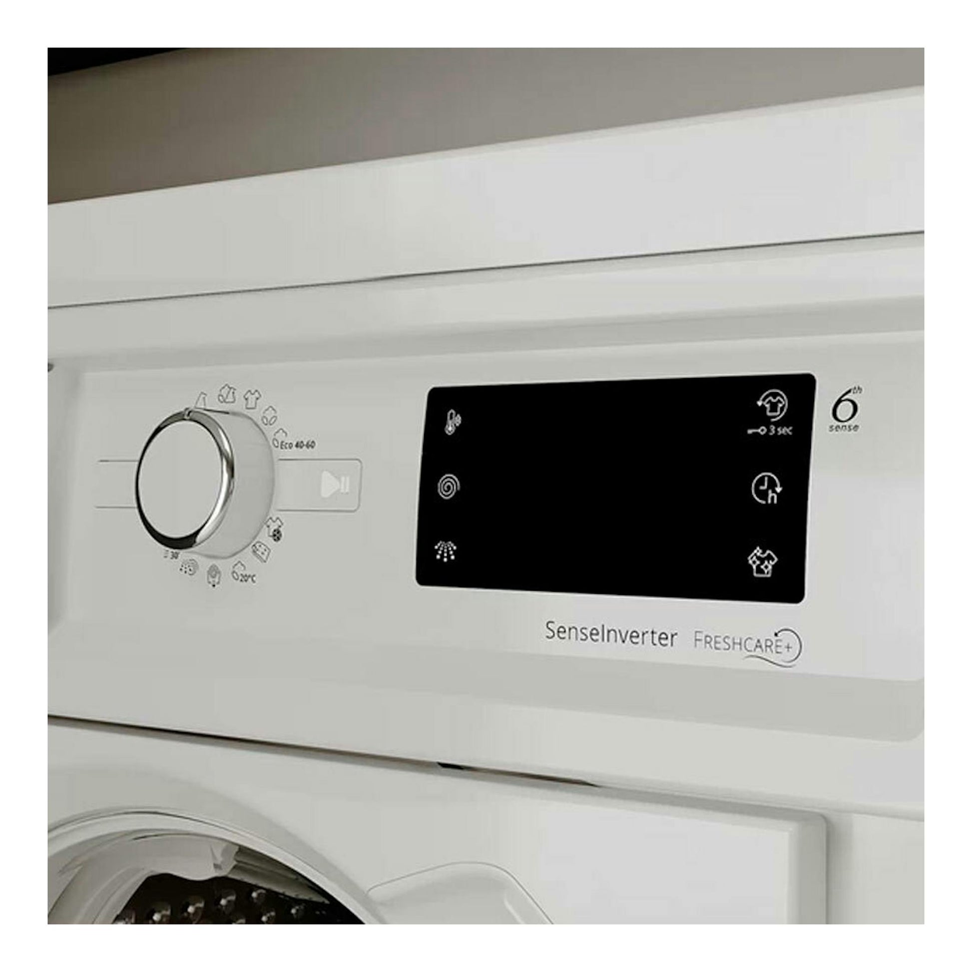 Lavadora integrable Whirlpool BIWMWG81485EEU blanca, con panel frontal, mando giratorio y pantalla negra.