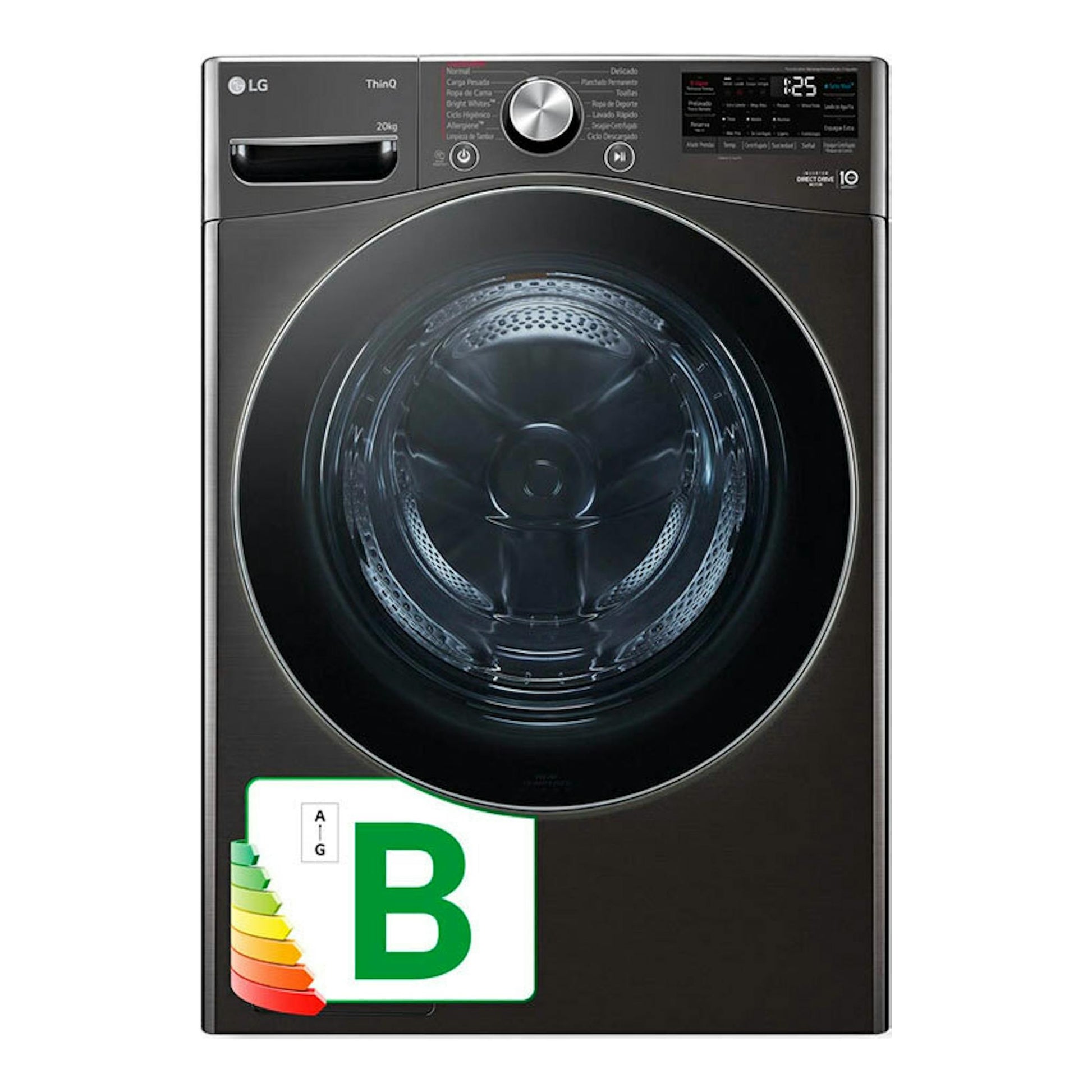 Lavadora LG F0P3CYV2E negra de 20 kg, vista frontal, con puerta de carga frontal y panel digital.