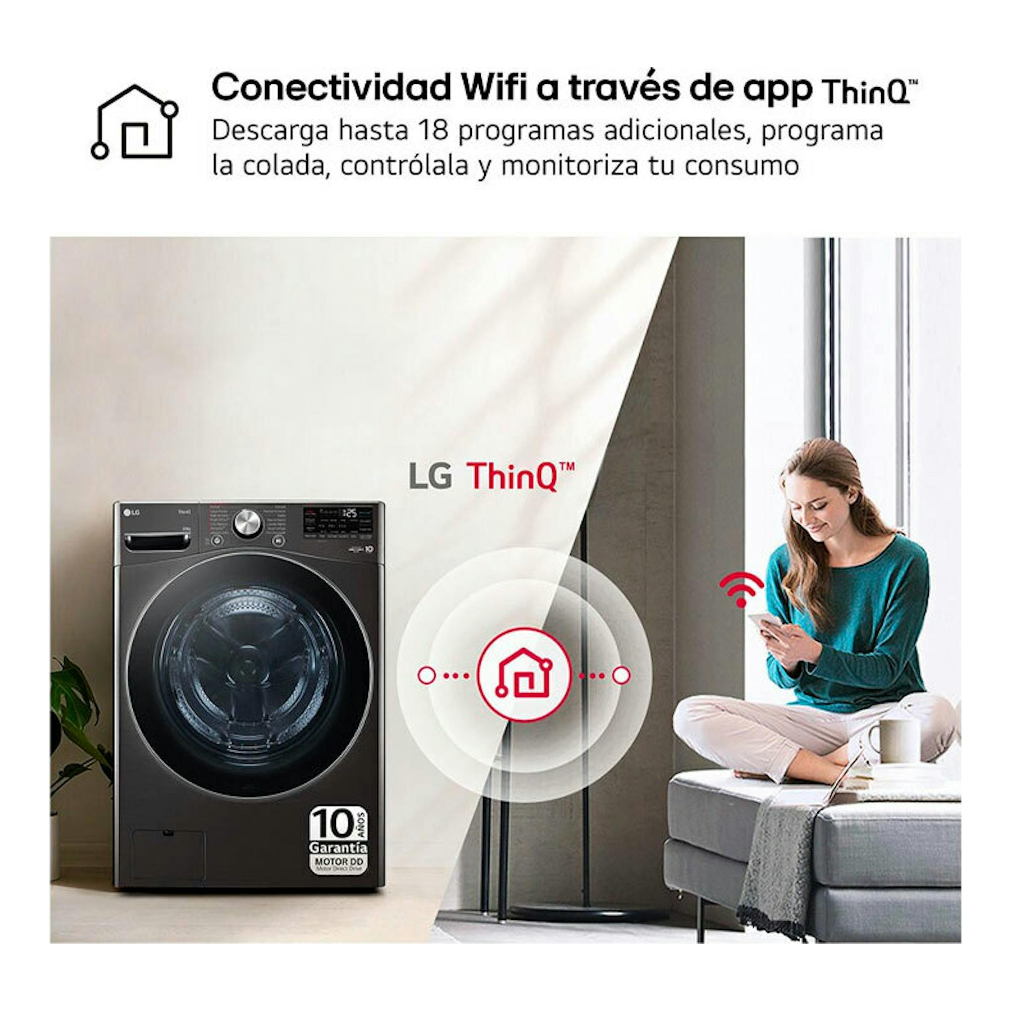 Lavadora LG F0P3CYV2E negra, vista frontal, junto a iconos y texto de conectividad ThinQ.