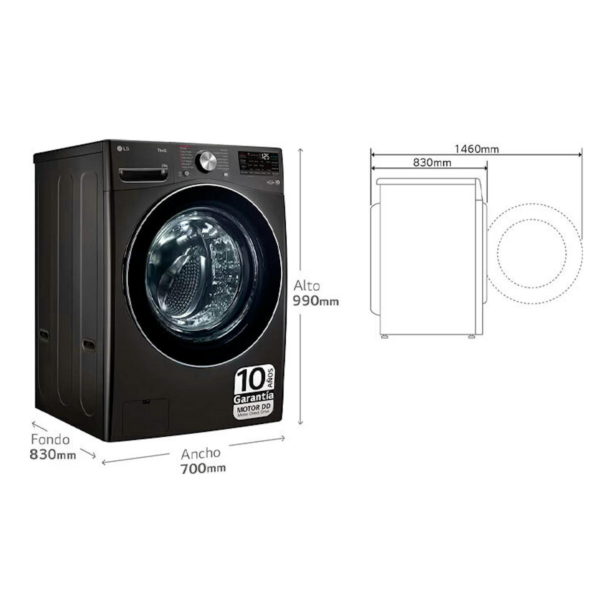 Lavadora LG frontal negra, vista en tres cuartos, con puerta circular y medidas 990 x 700 x 830 mm.