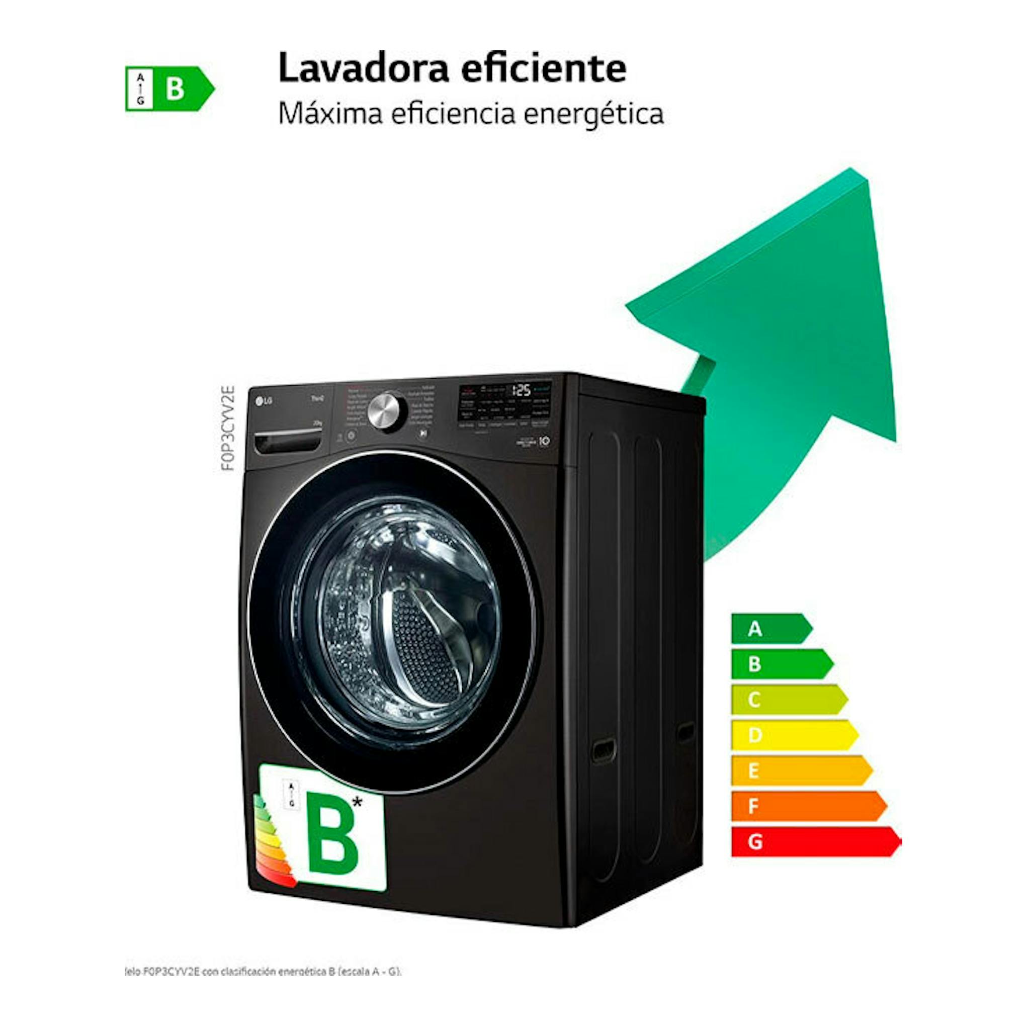 Lavadora LG F0P3CYV2E negra, vista frontal en tres cuartos, con etiqueta energética B y flecha verde.