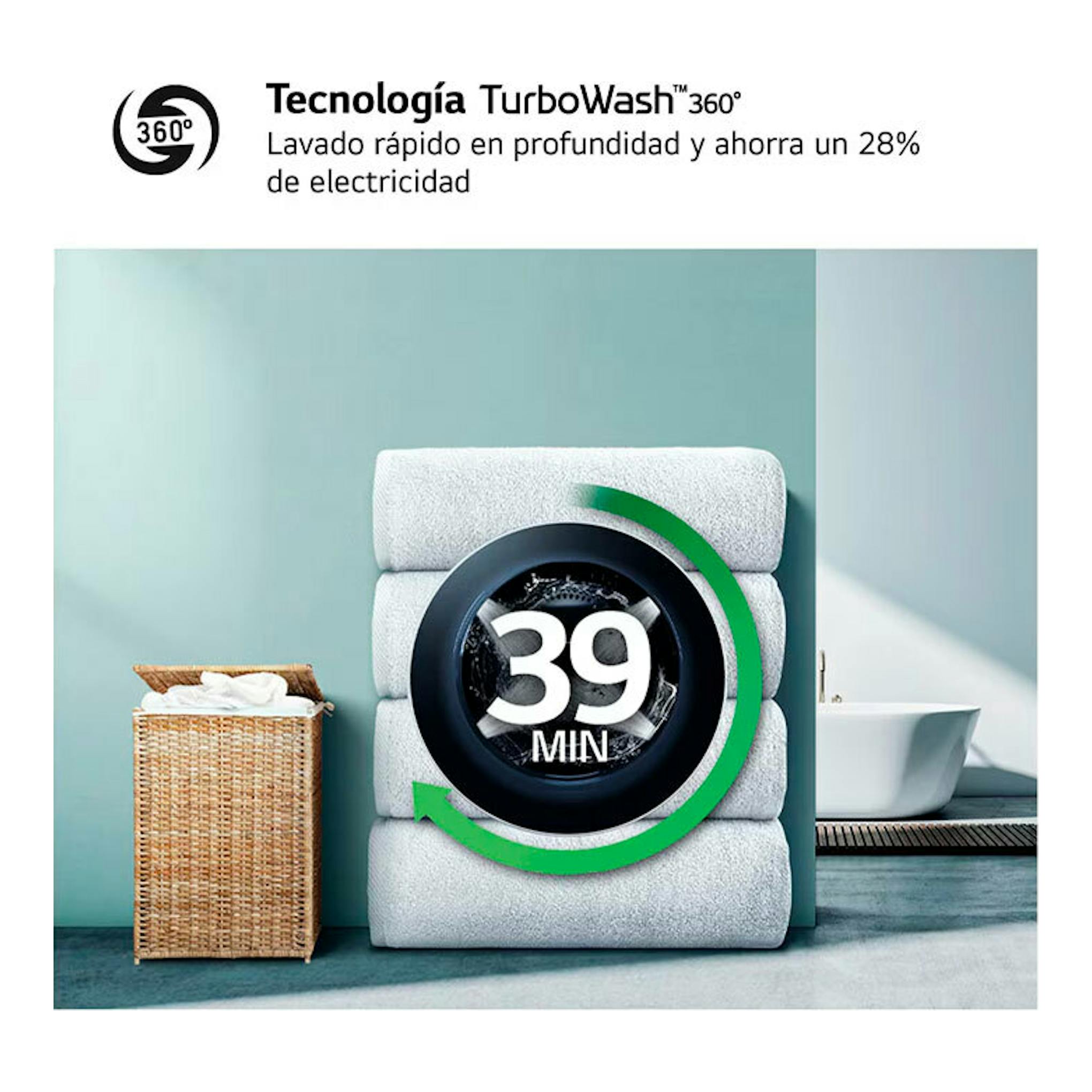 LG F0P3CYV2E: imagen promocional de TurboWash 360° con toallas apiladas, icono 39 min, cesta y bañera.