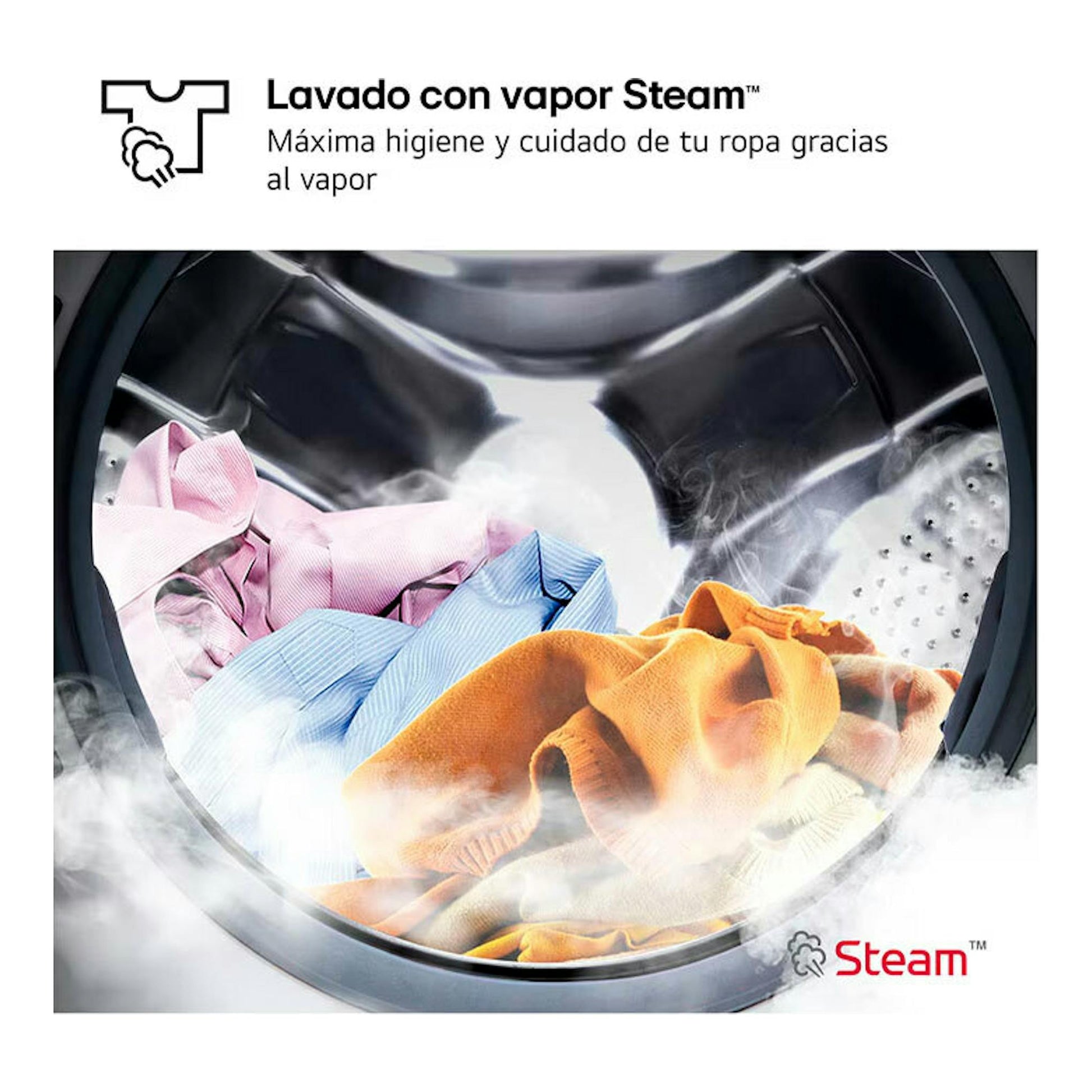 Interior frontal del tambor de la lavadora LG F0P3CYV2E con ropa de colores y vapor Steam.