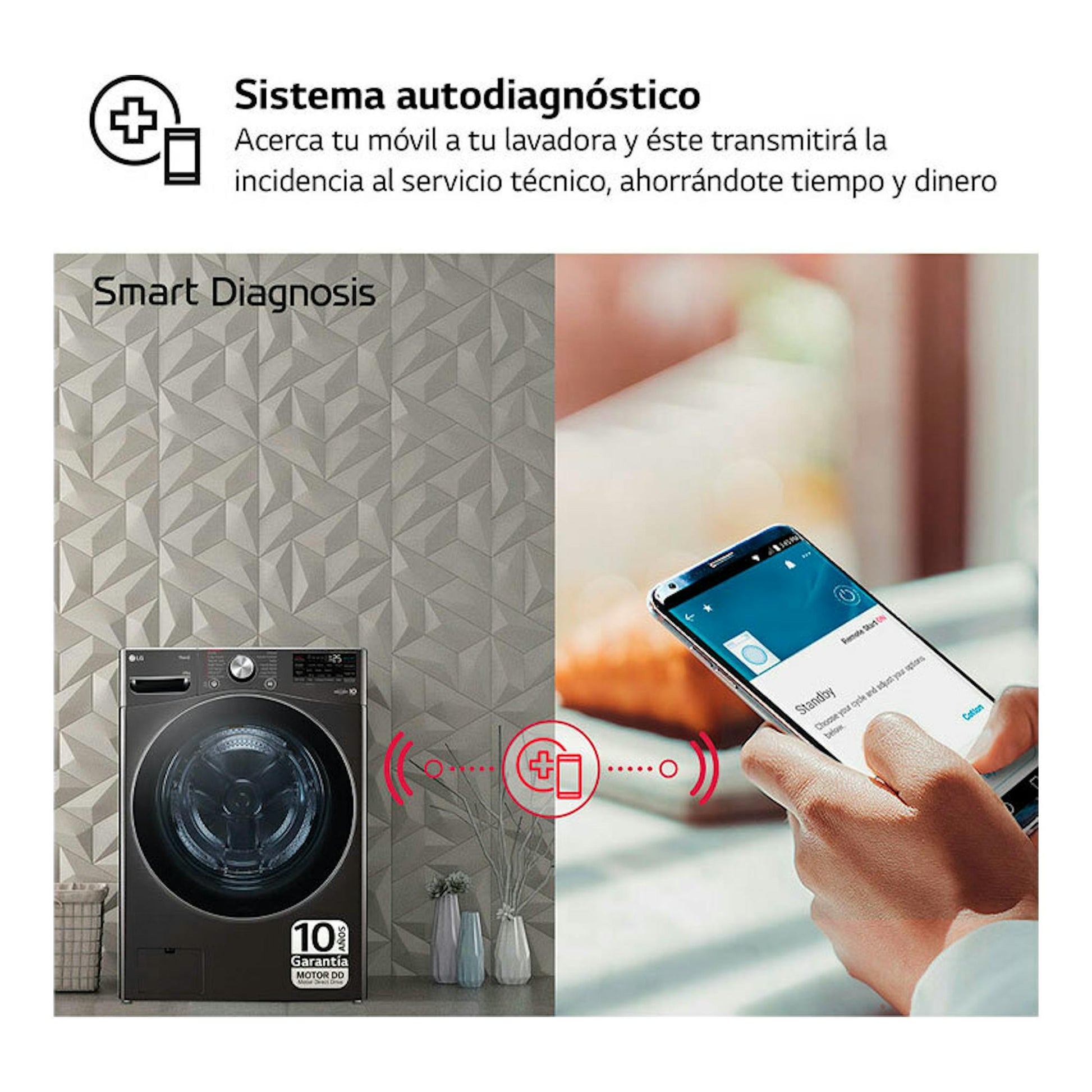 Lavadora LG F0P3CYV2E negra, vista frontal, con Smart Diagnosis y un móvil mostrando la función.