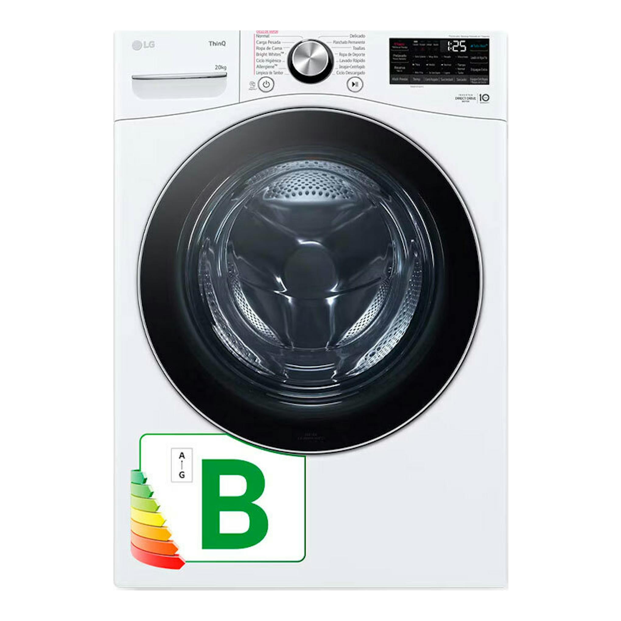 Lavadora LG F0P3CYV2W de 20 kg, blanca, vista frontal, puerta negra circular y panel digital superior, etiqueta B.