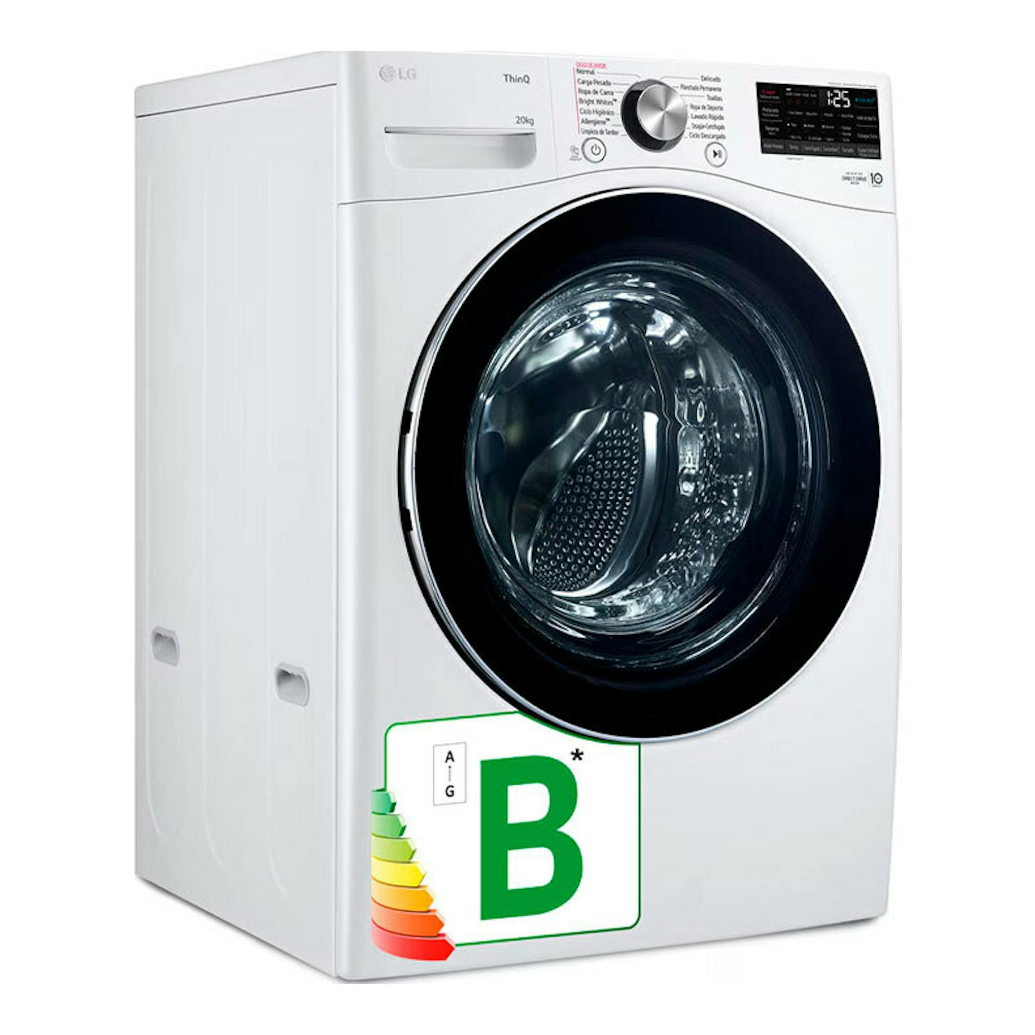 Lavadora LG F0P3CYV2W blanca de 20 kg, carga frontal, vista en tres cuartos, con puerta negra.