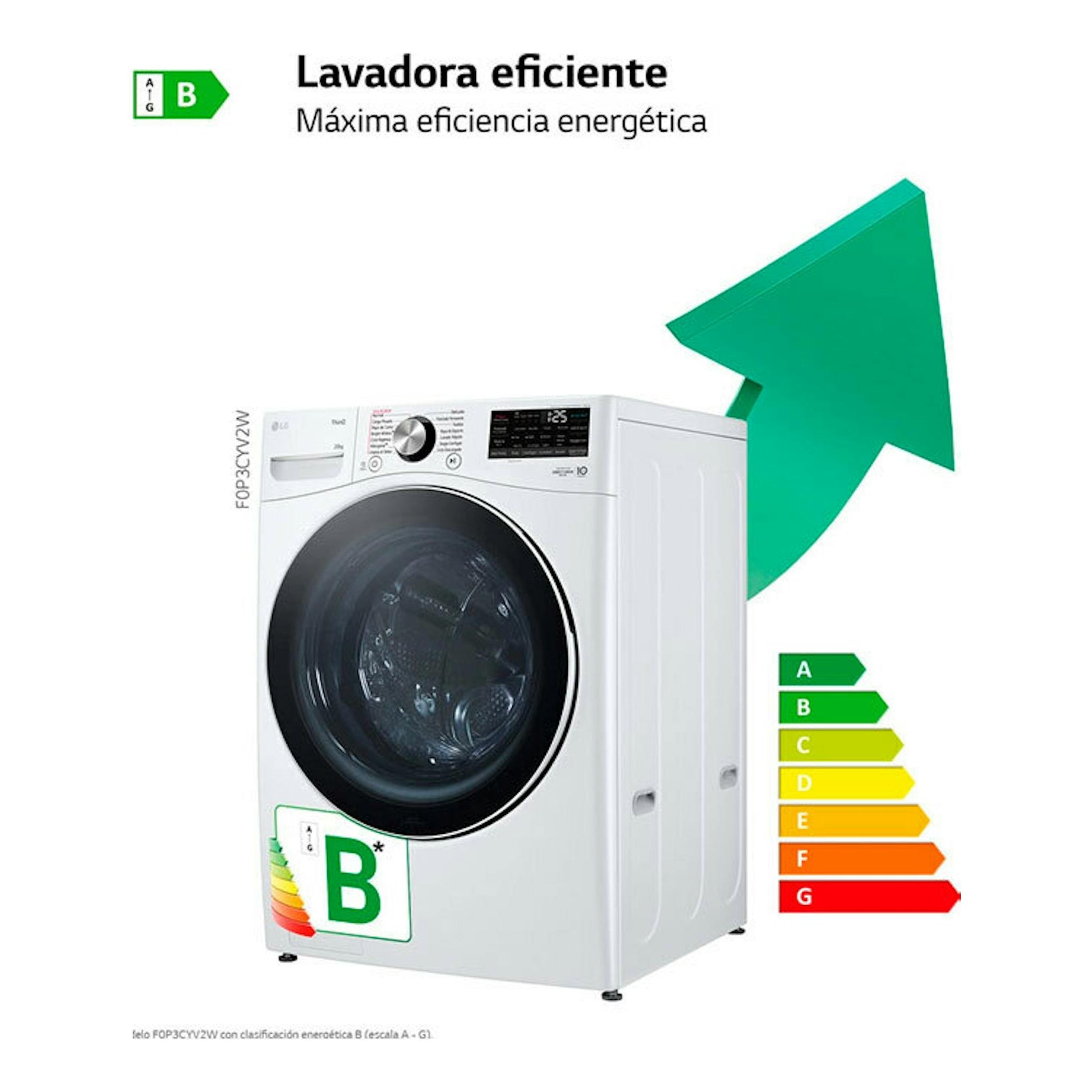 Lavadora LG F0P3CYV2W blanca, vista frontal, con puerta negra y etiqueta energética B.