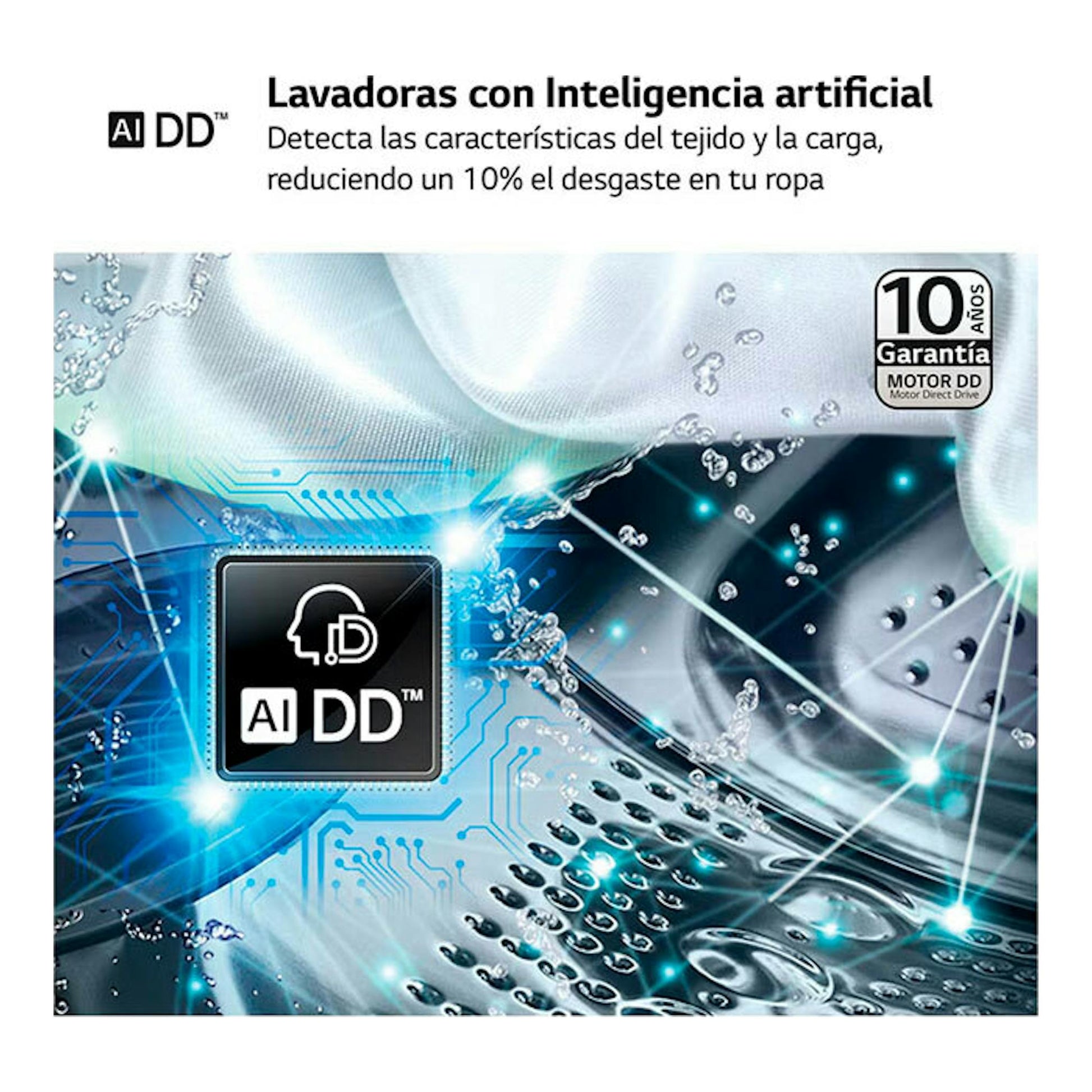 Gráfico promocional de lavadora LG F0P3CYV2W con tecnología AI DD y garantía de 10 años.