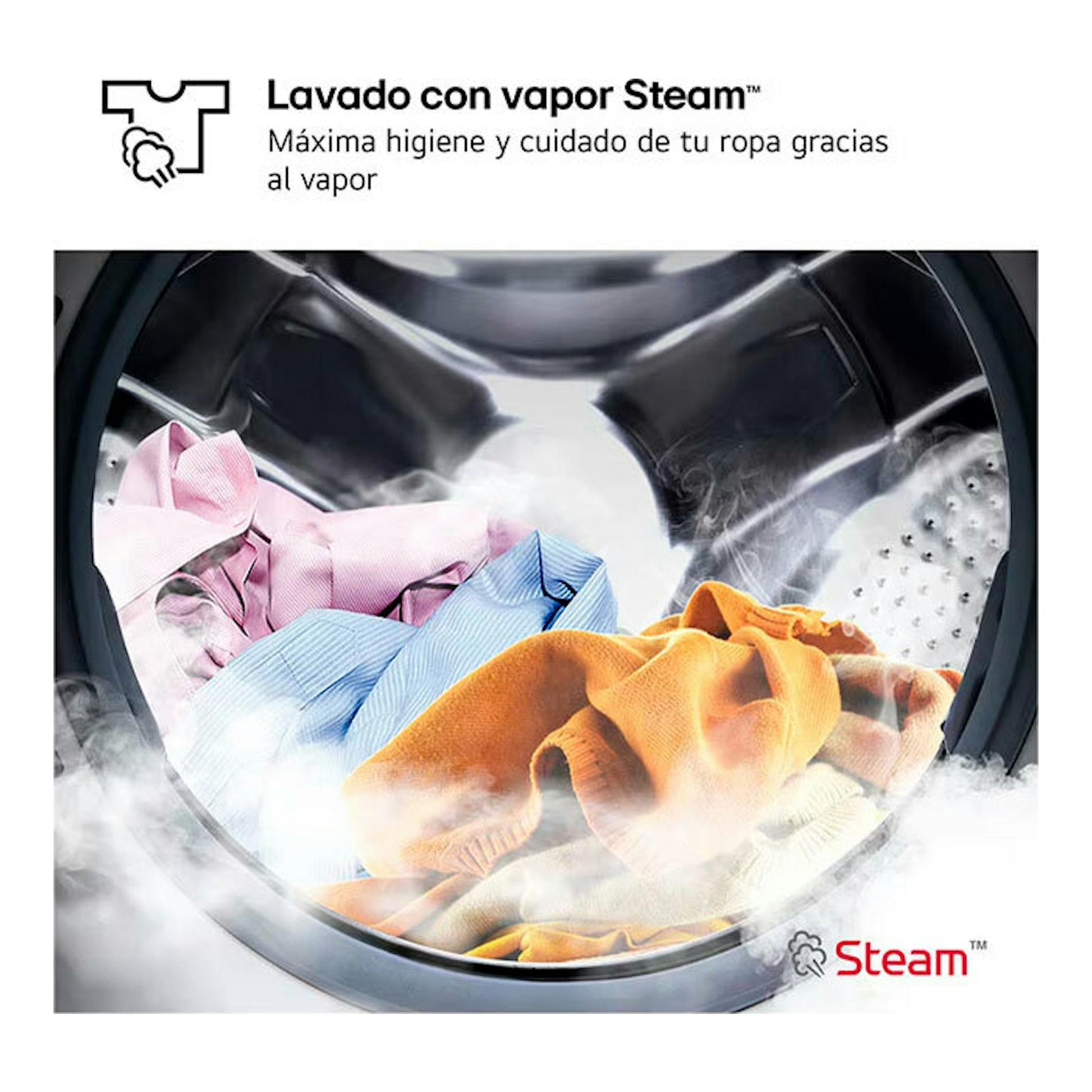 Interior de lavadora LG con ropa y vapor, vista frontal del tambor; texto “Lavado con vapor Steam”.