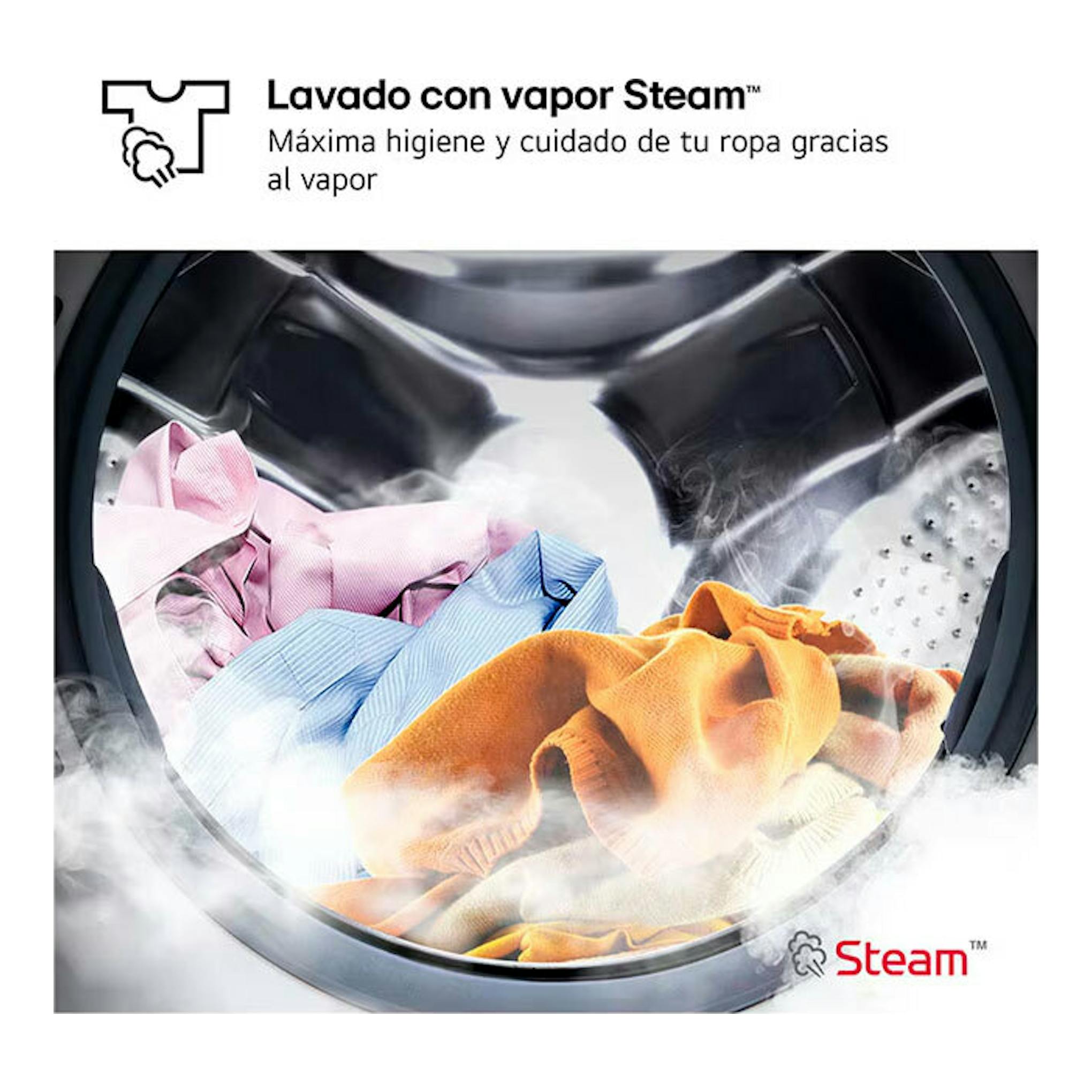 Interior de lavadora LG con ropa y vapor, vista frontal del tambor; texto “Lavado con vapor Steam”.