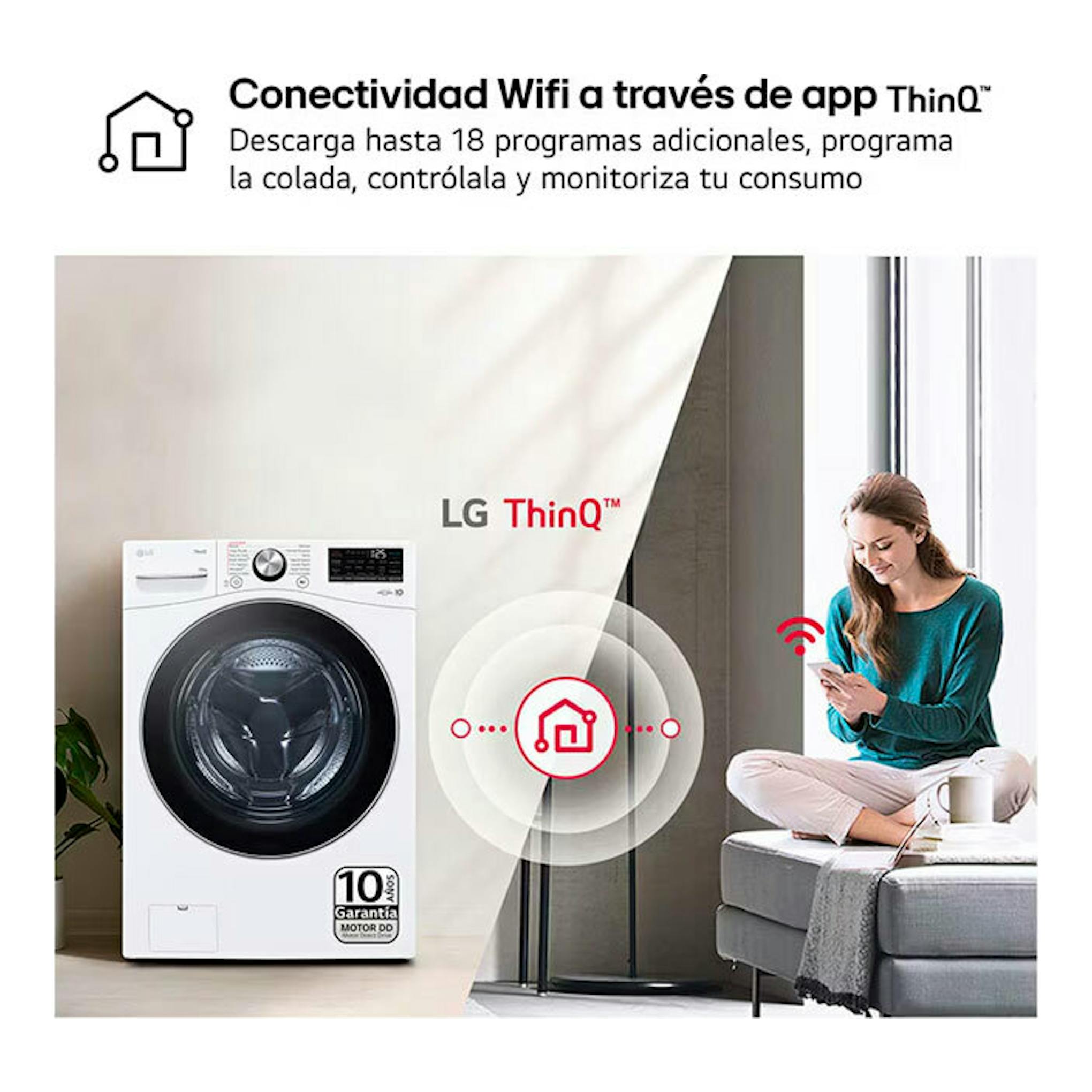 Lavadora LG blanca de carga frontal, vista frontal, con anuncio de conectividad WiFi ThinQ.
