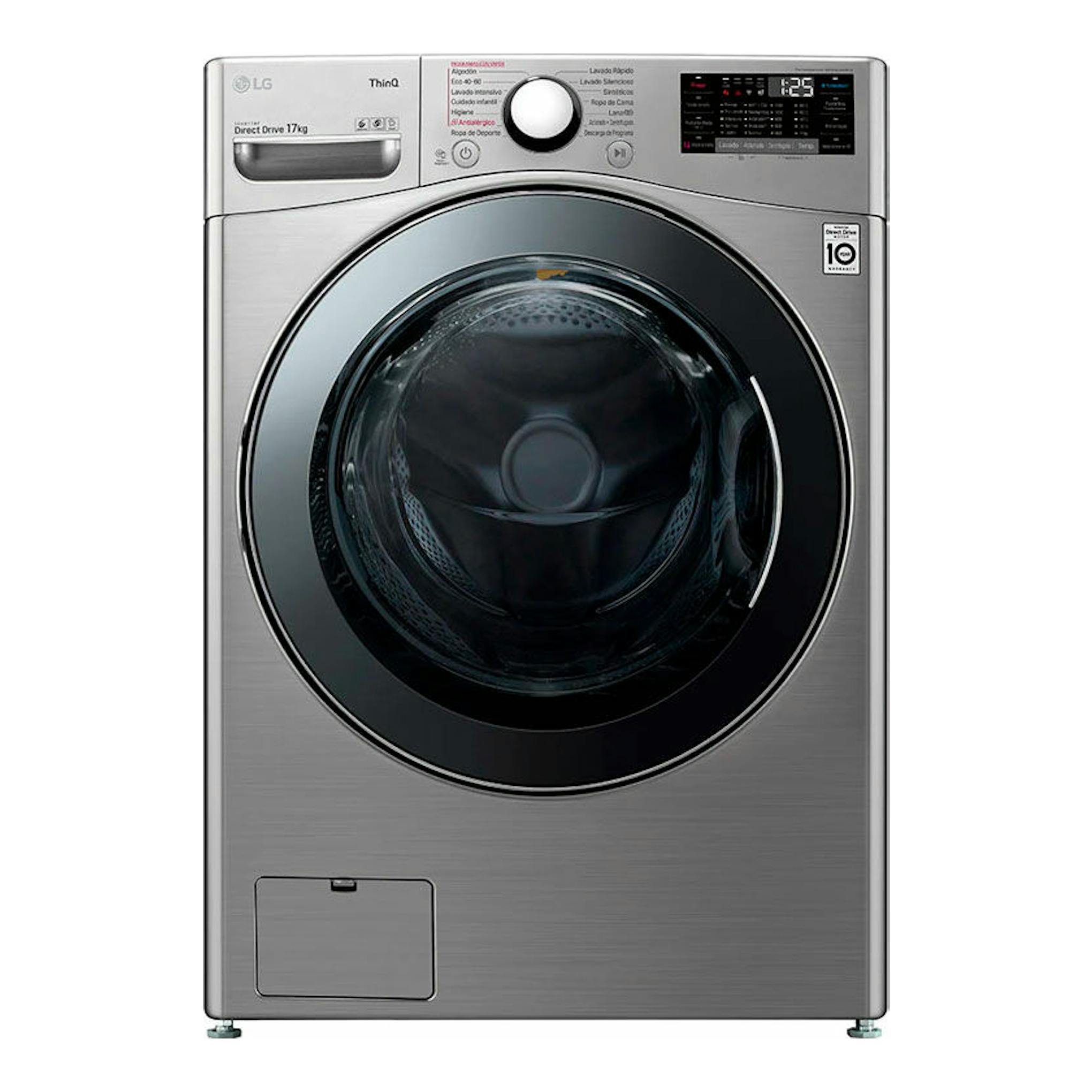 Lavadora LG F1P1CY2T de carga frontal, color plata, con puerta negra circular y panel digital superior.